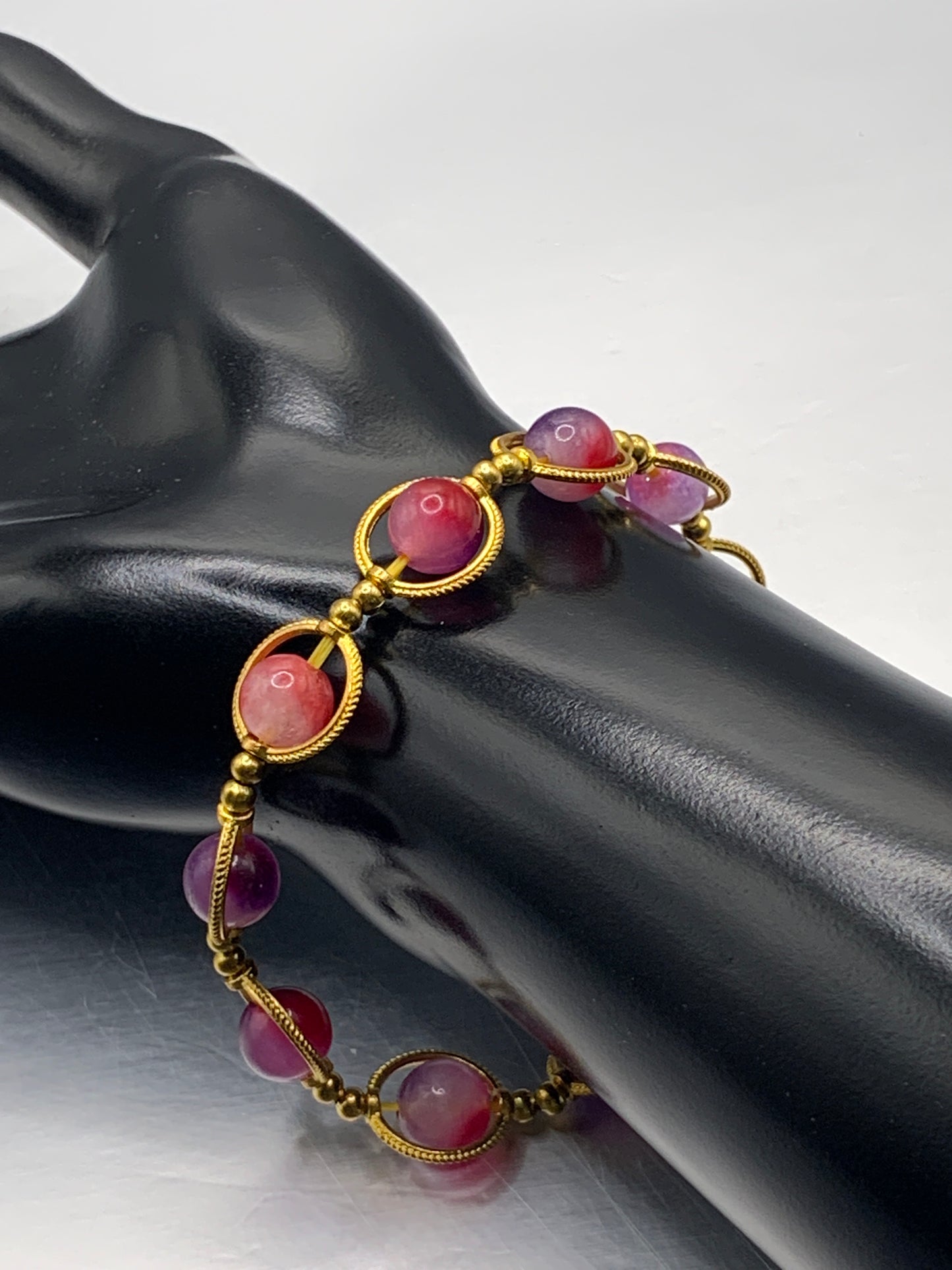 Purple pink chalcedony semi precious stone/crystal elastic beaded bracelet with gold colored rings