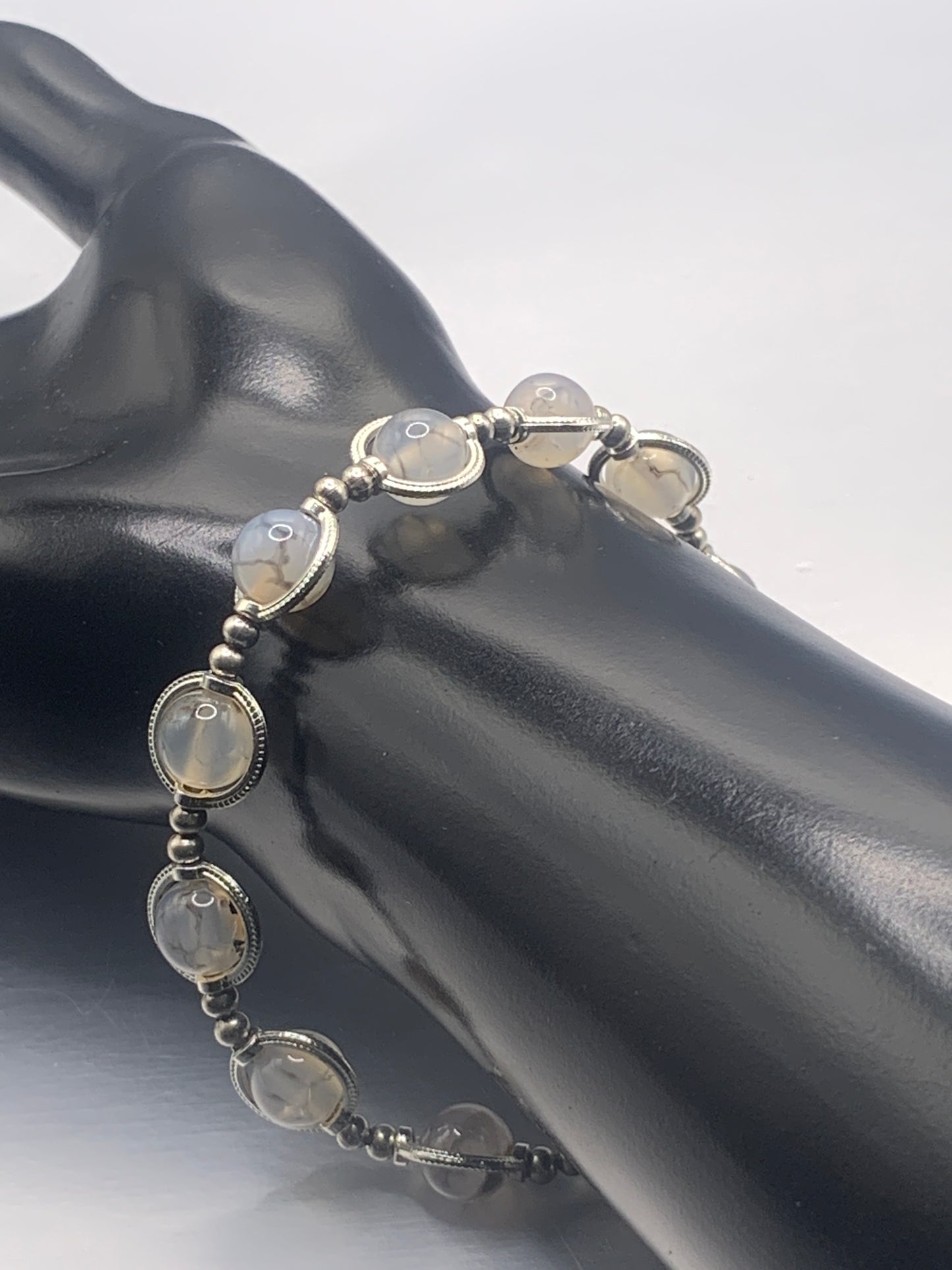 Dragon vein agate semi precious stone/crystal elastic beaded bracelet with silver colored rings