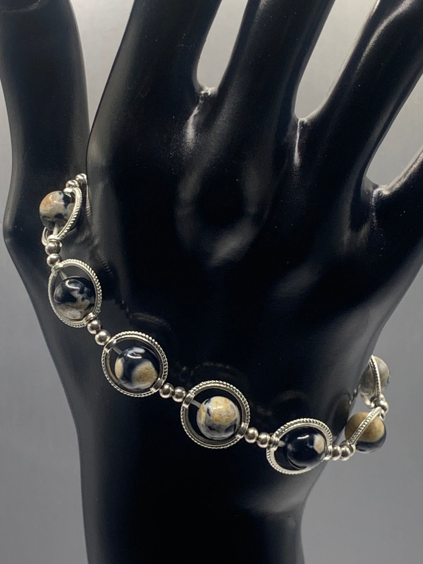 Yellow orca agate semi precious stone/crystal elastic beaded bracelet with silver colored rings