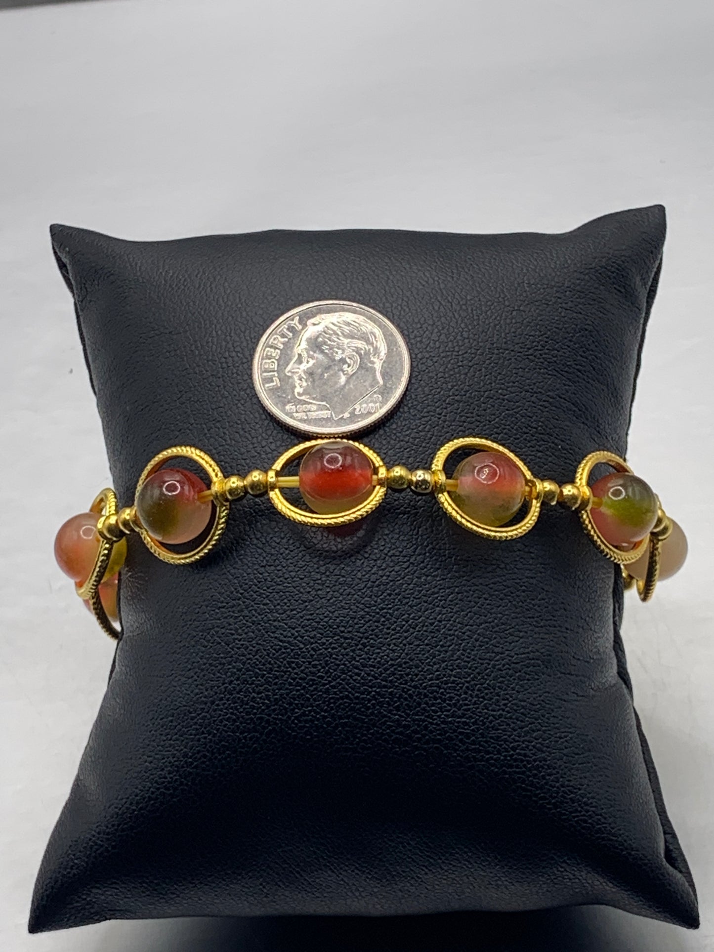 Watermelon chalcedony semi precious stone/crystal elastic beaded bracelet with gold colored rings