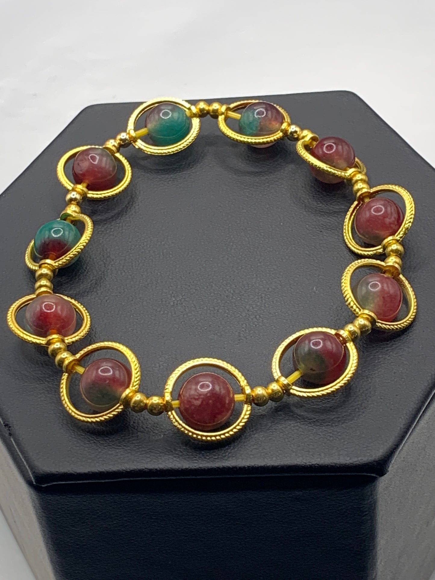 Blueberry chalcedony semi precious stone/crystal elastic beaded bracelet with gold colored rings