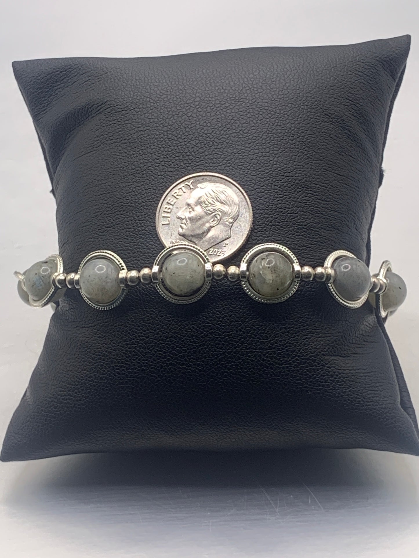 Labradorite semi precious stone/crystal elastic beaded bracelet with silver colored rings