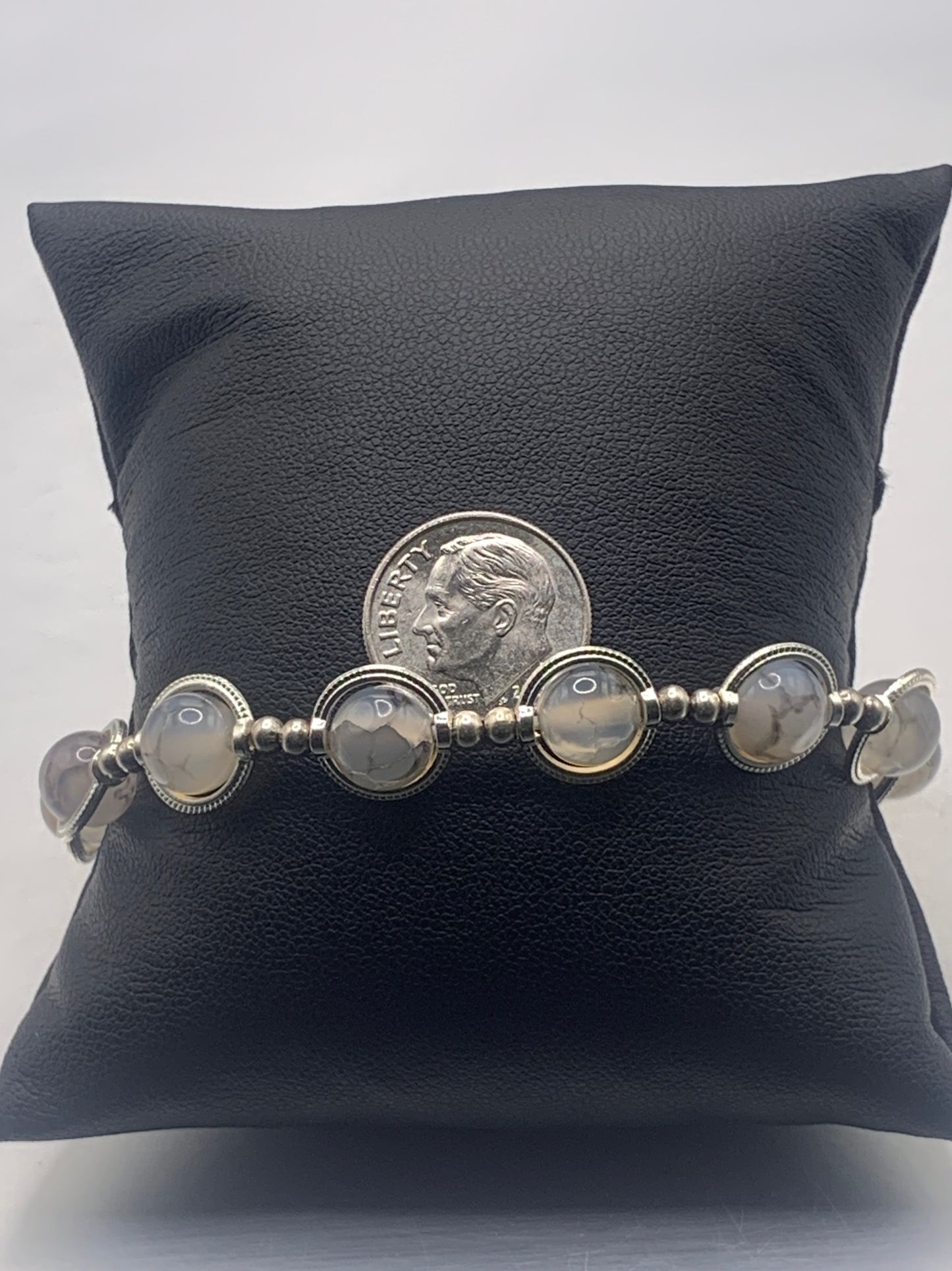 Dragon vein agate semi precious stone/crystal elastic beaded bracelet with silver colored rings