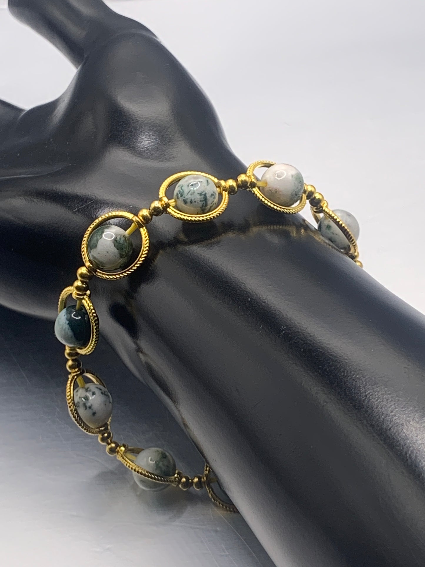 Tree moss agate semi precious stone/crystal elastic beaded bracelet with gold colored rings