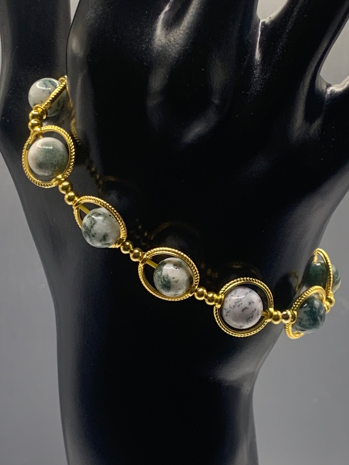 Tree moss agate semi precious stone/crystal elastic beaded bracelet with gold colored rings