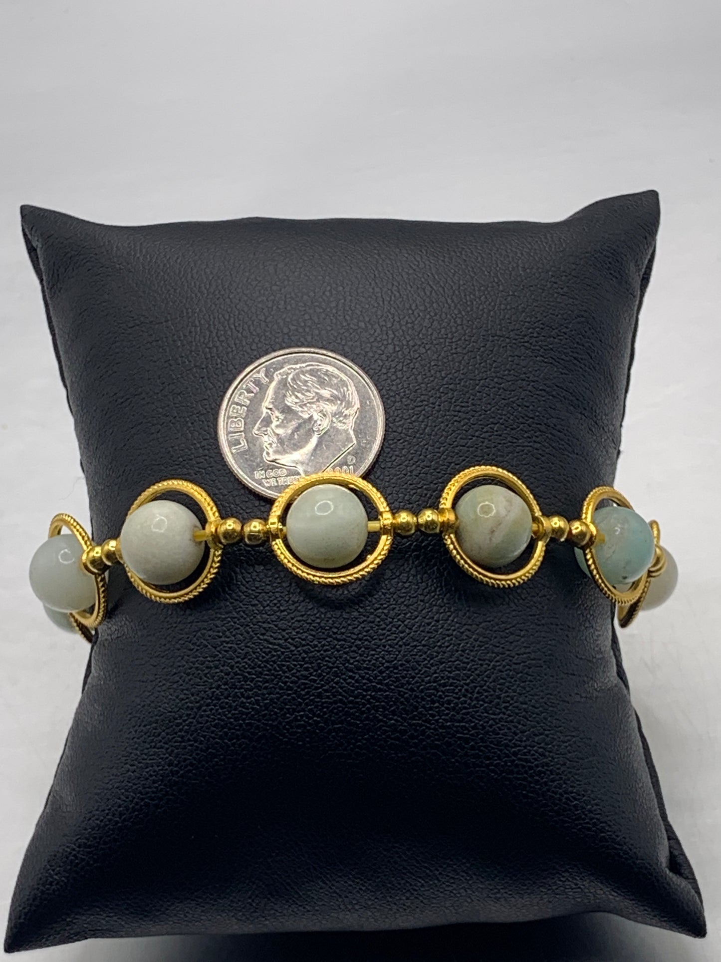 Amazonite semi precious stone/crystal elastic beaded bracelet with gold colored rings