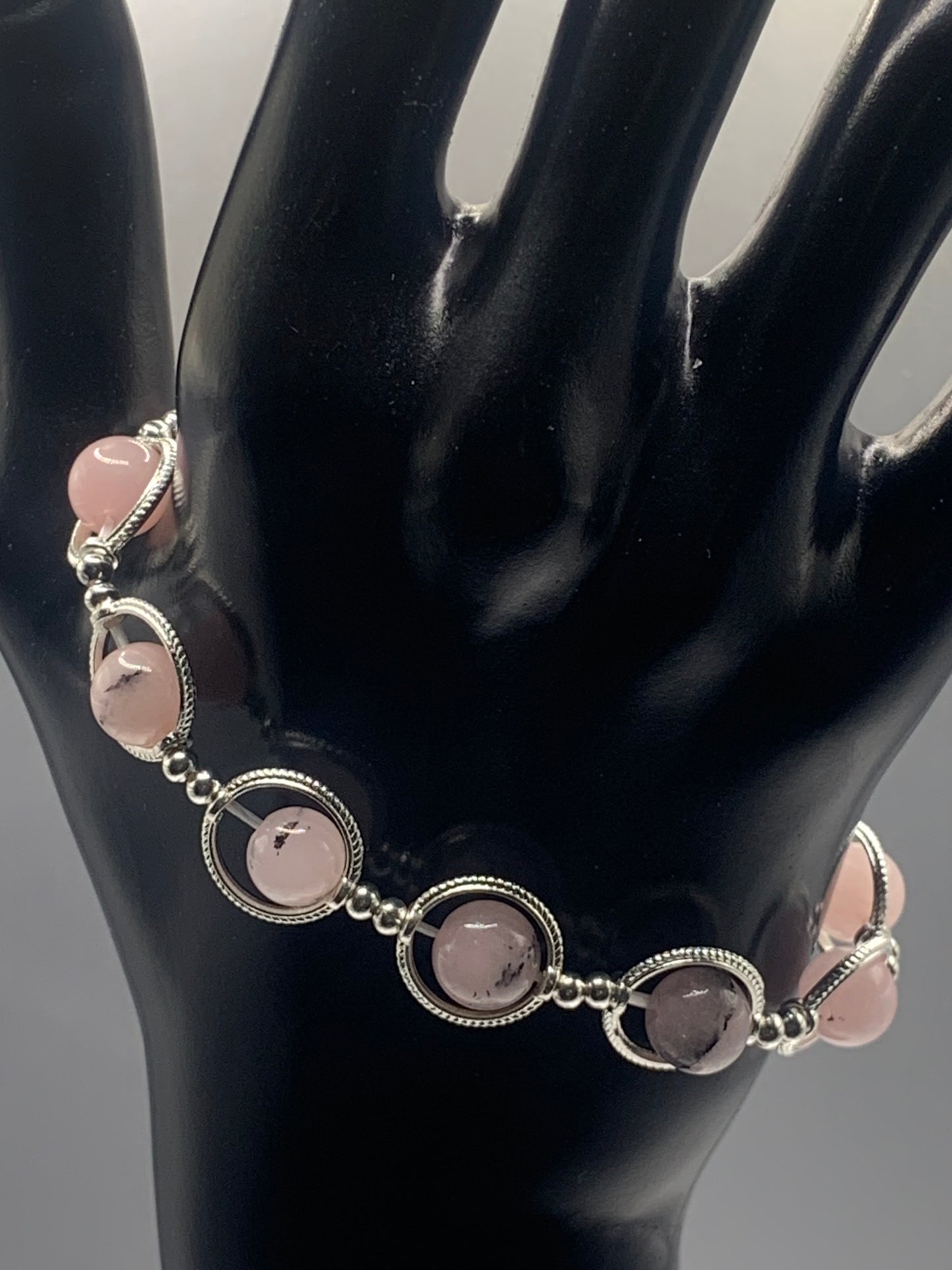Pink opal chalcedony semi precious stone/crystal elastic beaded bracelet with silver colored rings