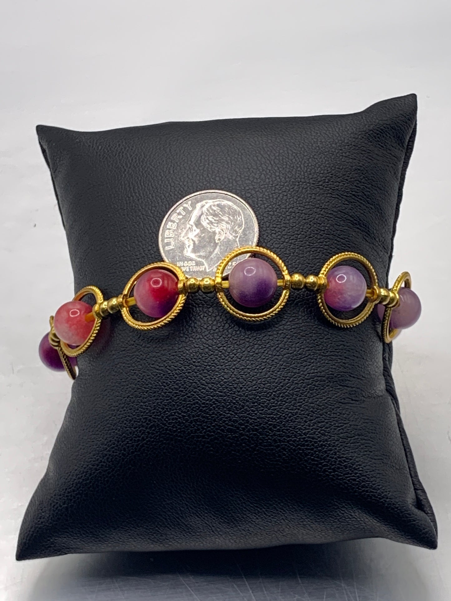 Purple pink chalcedony semi precious stone/crystal elastic beaded bracelet with gold colored rings