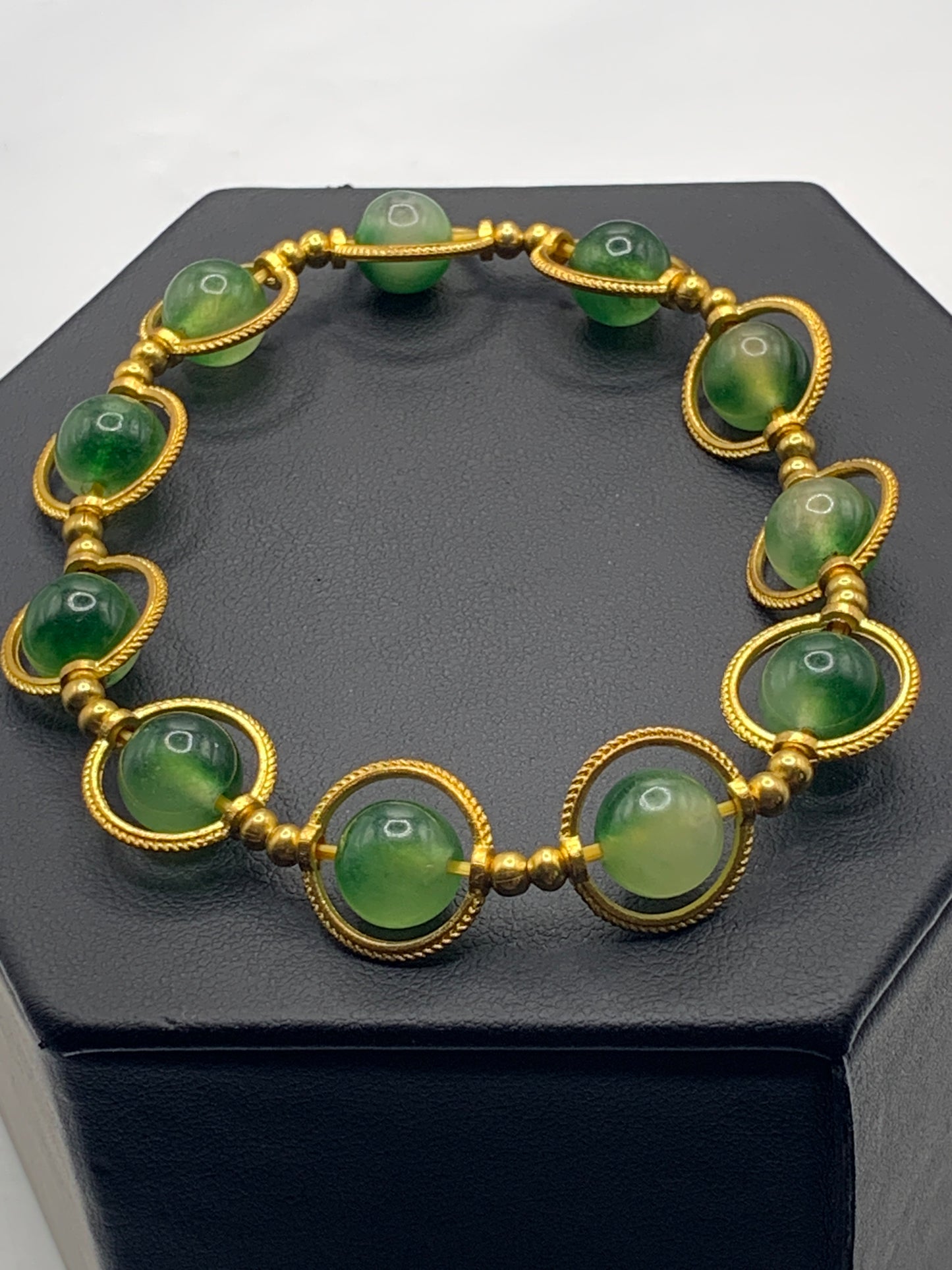Green agate semi precious stone/crystal elastic beaded bracelet with gold colored rings
