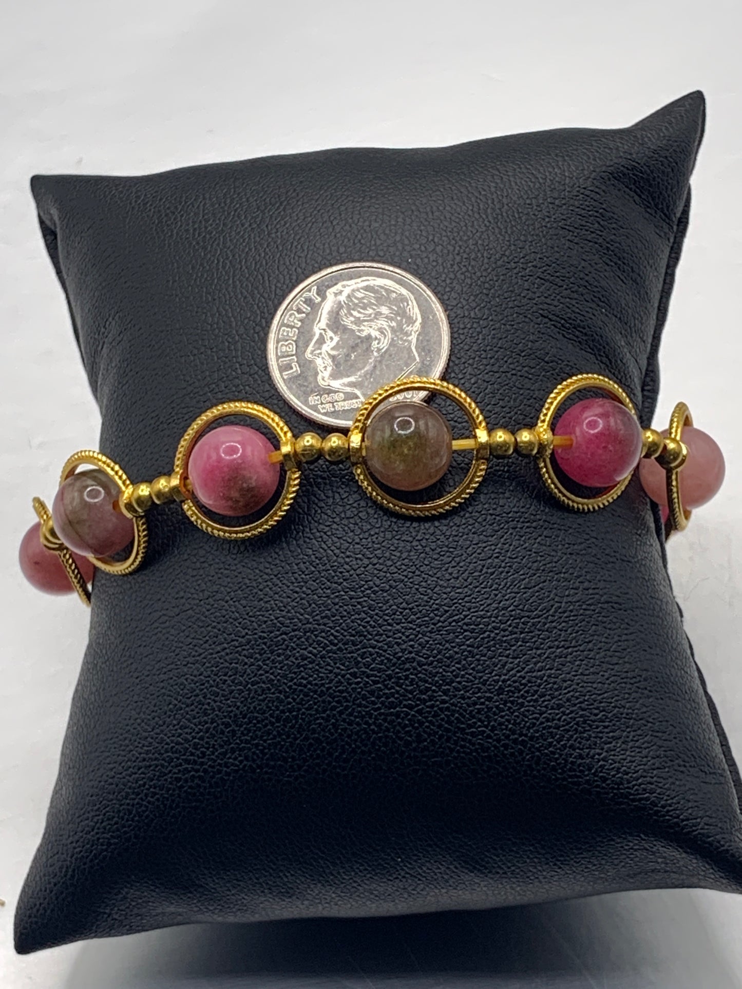 Datura chalcedony semi precious stone/crystal elastic beaded bracelet with gold colored rings