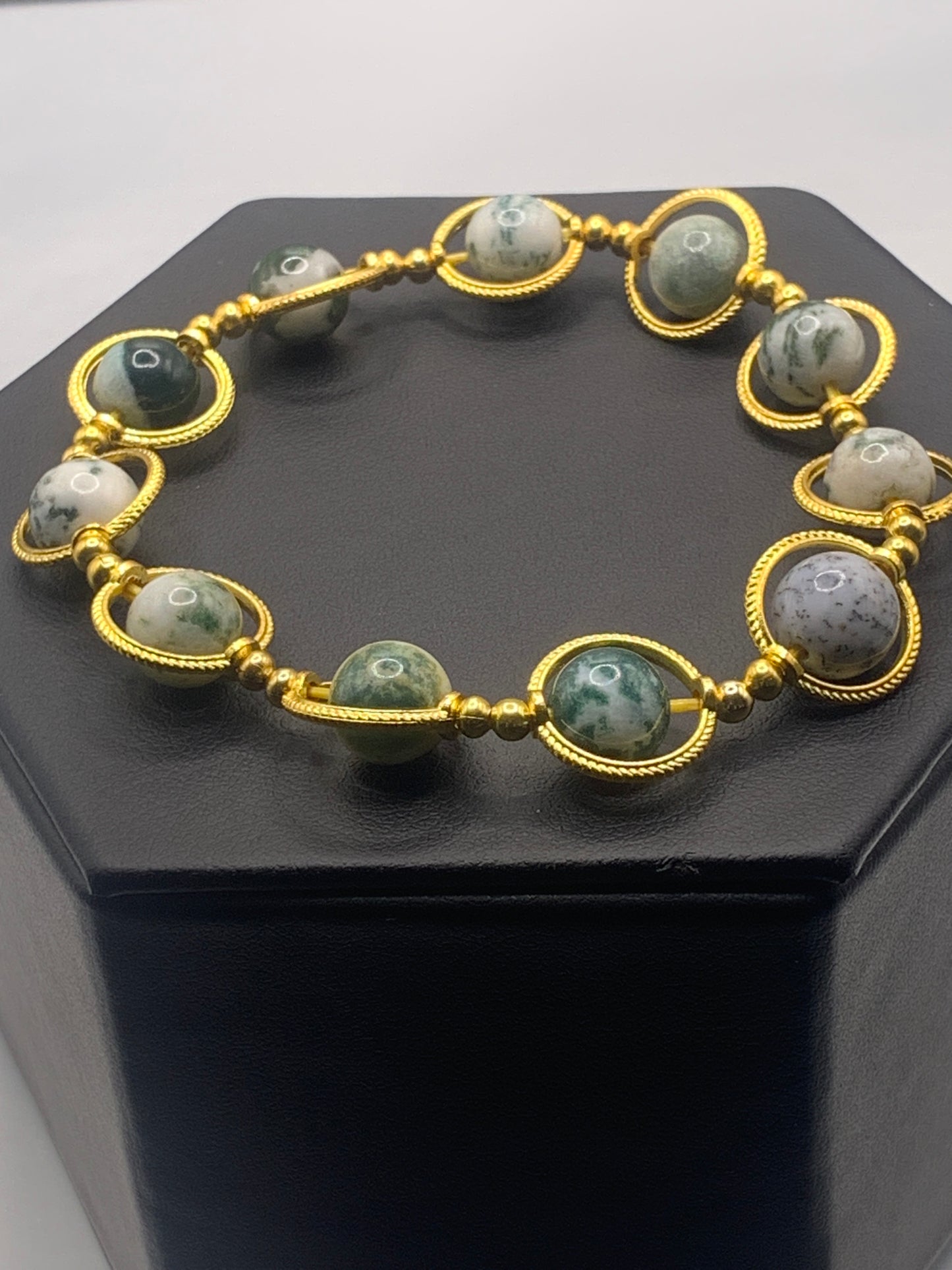 Tree moss agate semi precious stone/crystal elastic beaded bracelet with gold colored rings
