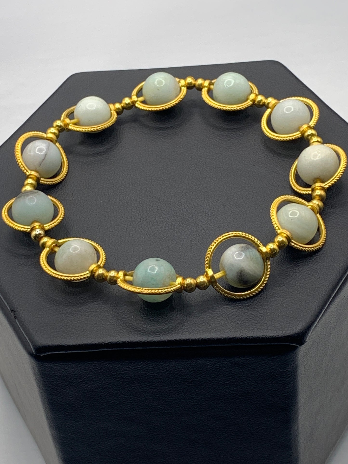 Amazonite semi precious stone/crystal elastic beaded bracelet with gold colored rings