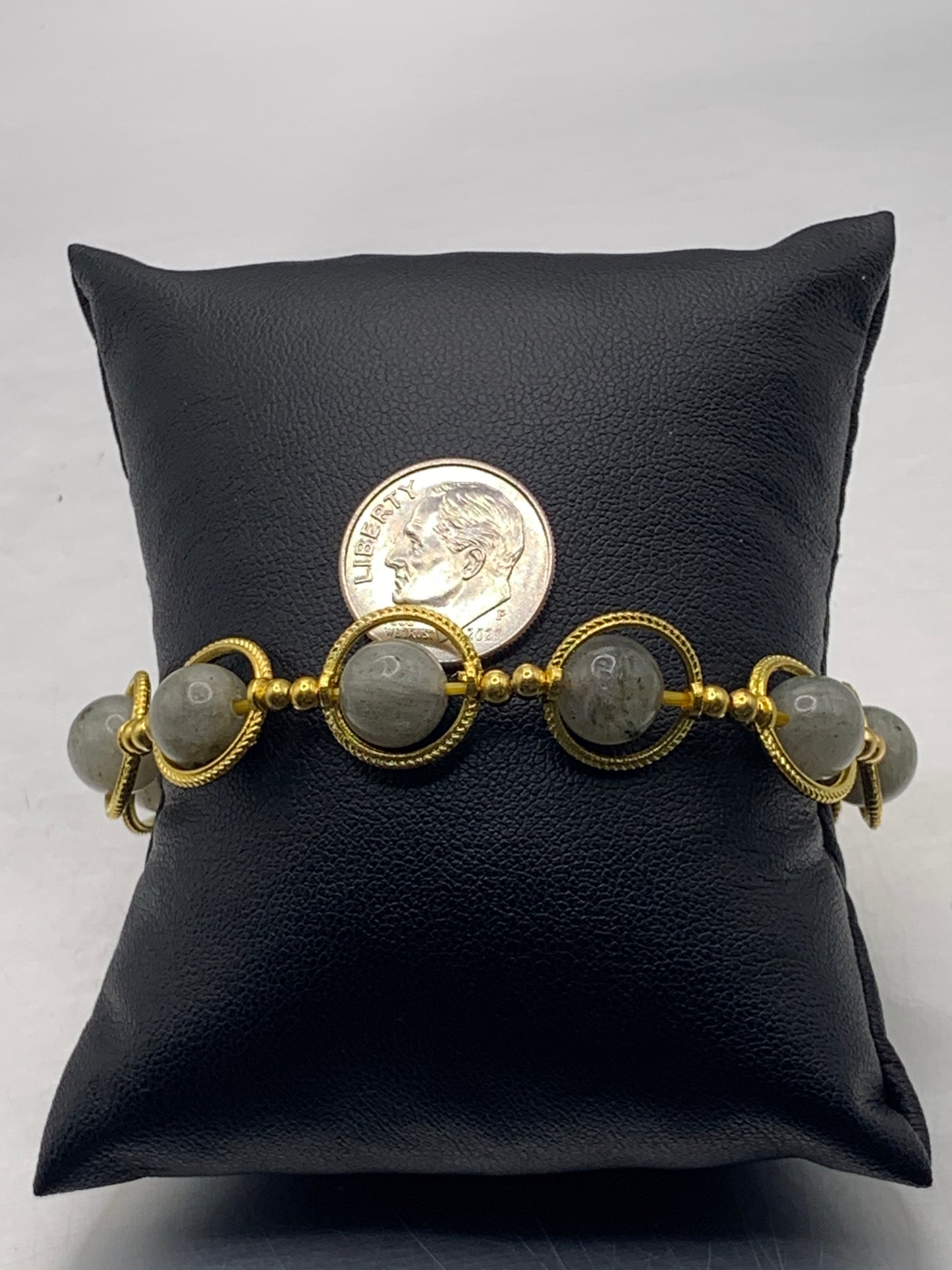 Labradorite semi precious stone/crystal elastic beaded bracelet with gold colored rings