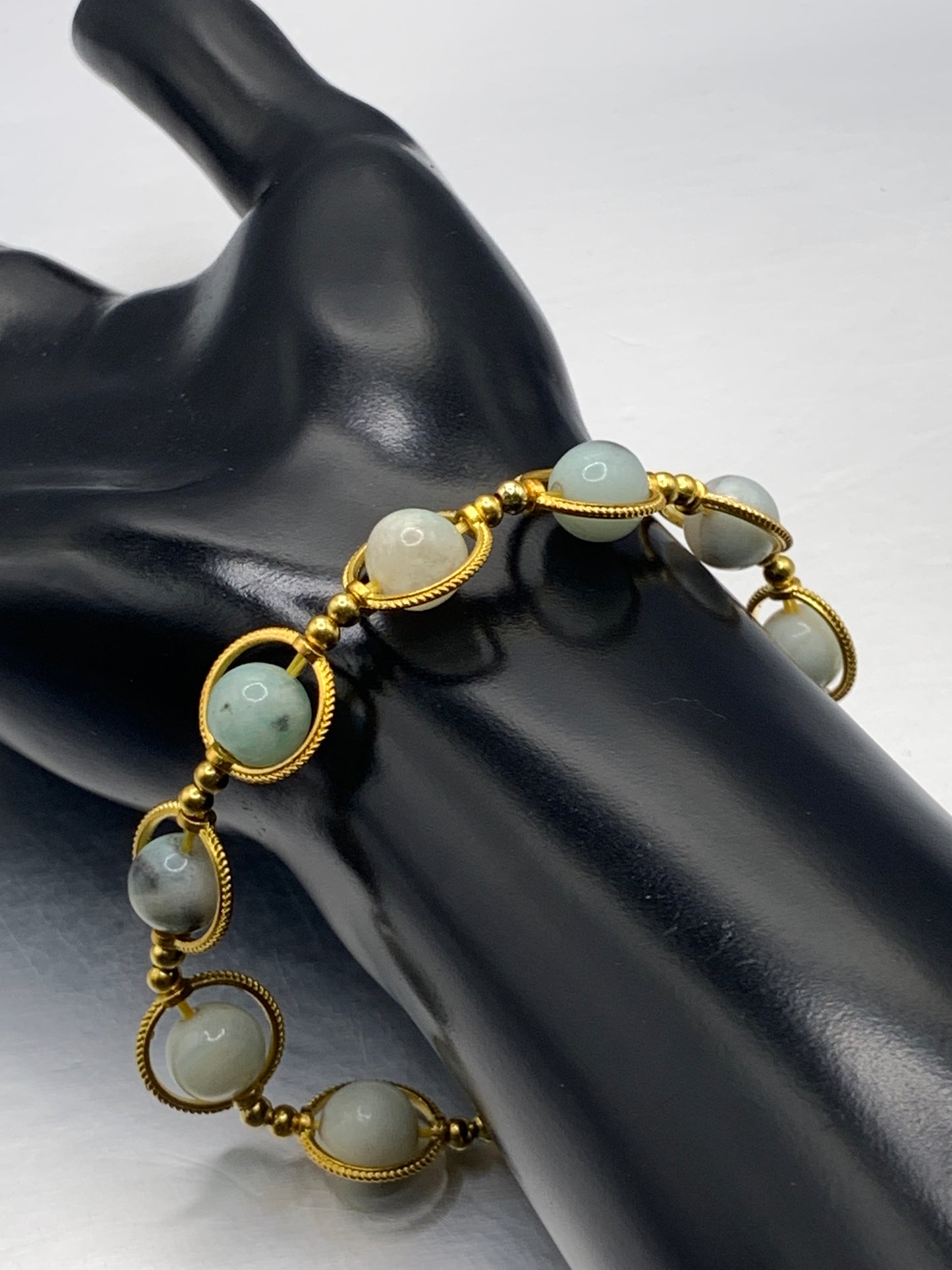 Amazonite semi precious stone/crystal elastic beaded bracelet with gold colored rings