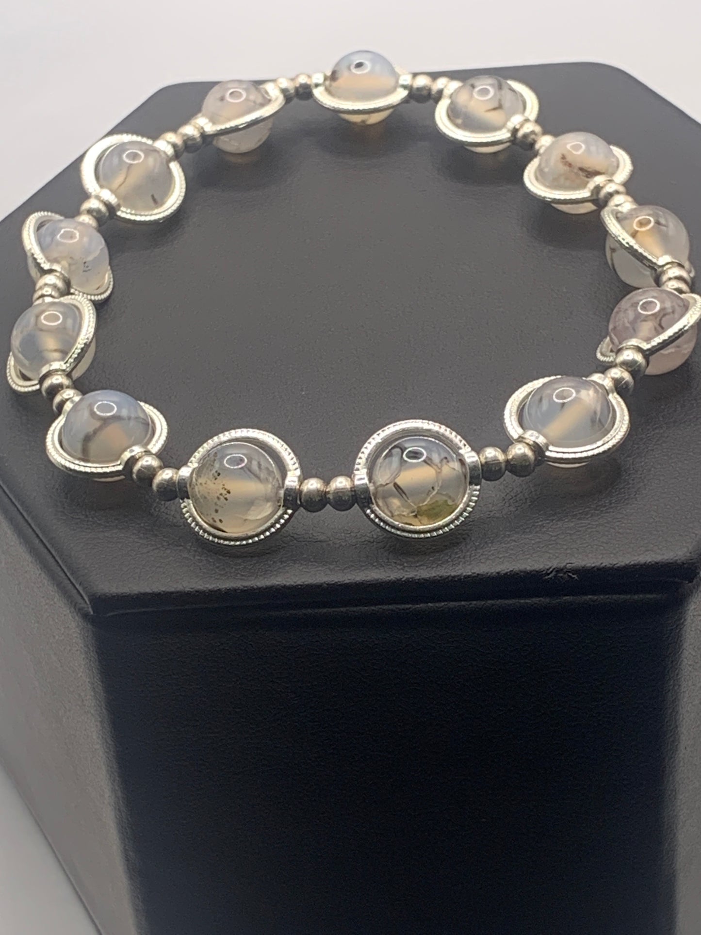 Dragon vein agate semi precious stone/crystal elastic beaded bracelet with silver colored rings