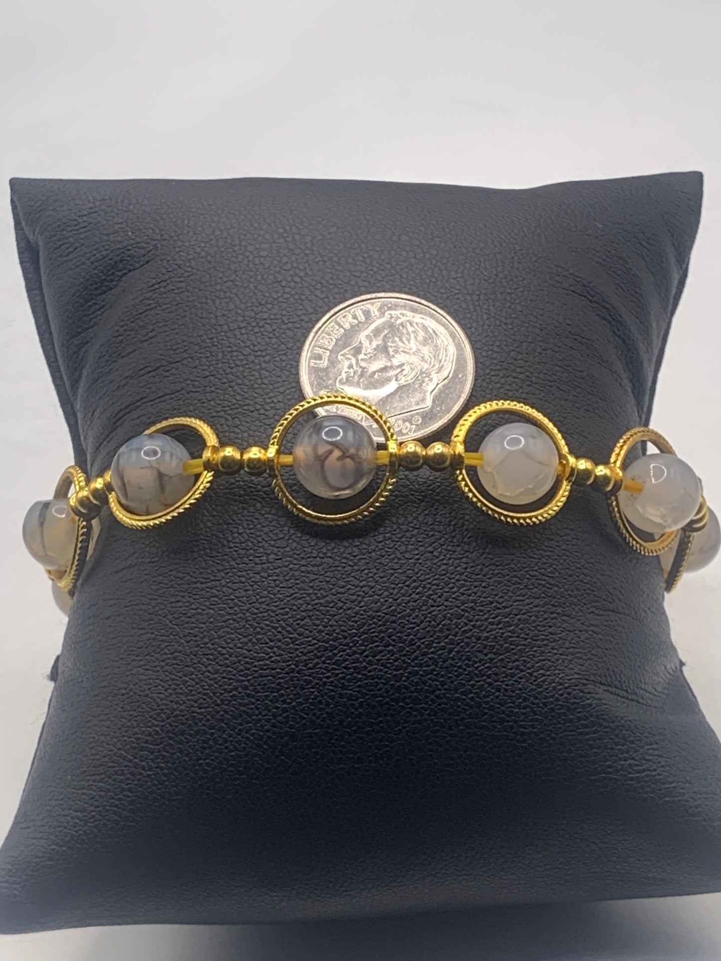 Dragon vein agate semi precious stone/crystal elastic beaded bracelet with gold colored rings