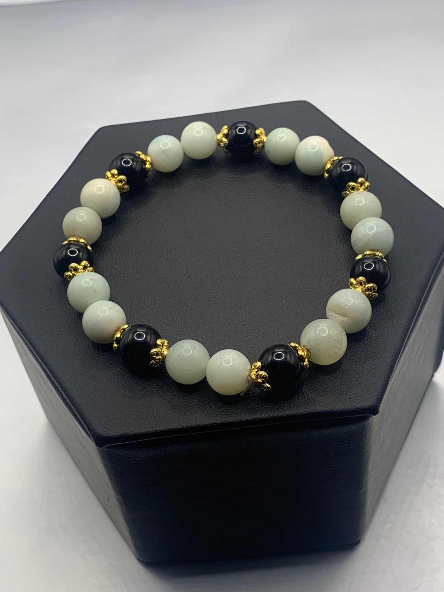 Black obsidian with amazonite semi precious stone/crystal beaded elastic bracelet with gold plated flower bead caps