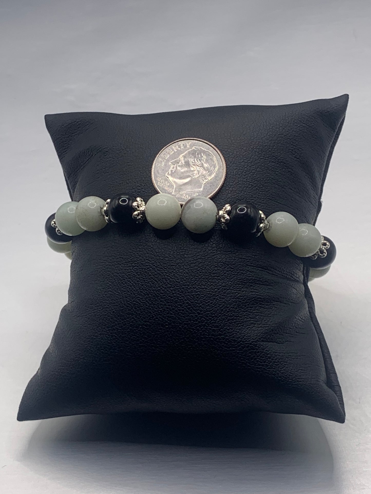 Black obsidian with amazonite semi precious stone/crystal beaded elastic bracelet with silver plated flower bead caps
