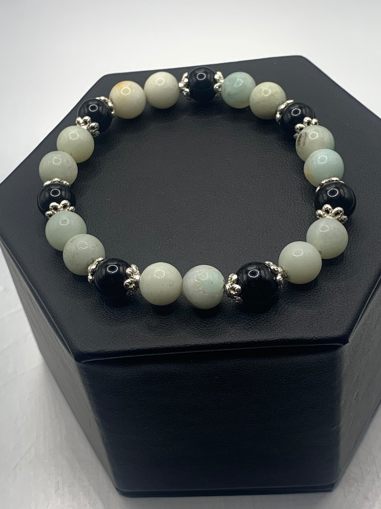 Black obsidian with amazonite semi precious stone/crystal beaded elastic bracelet with silver plated flower bead caps