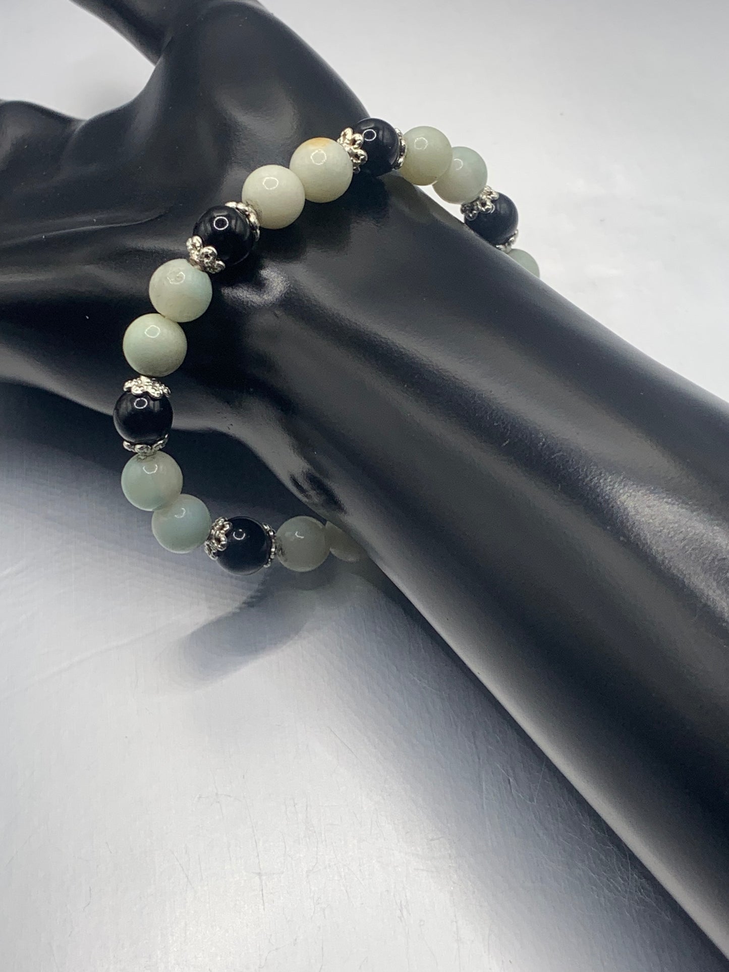 Black obsidian with amazonite semi precious stone/crystal beaded elastic bracelet with silver plated flower bead caps