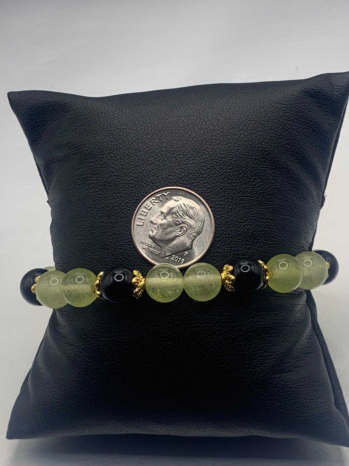Black obsidian with apple agate semi precious stone/crystal beaded elastic bracelet with gold plated flower bead caps