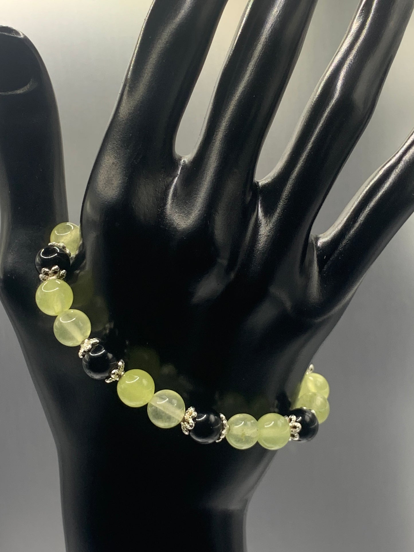 Black obsidian with apple agate semi precious stone/crystal beaded elastic bracelet with silver plated flower bead caps