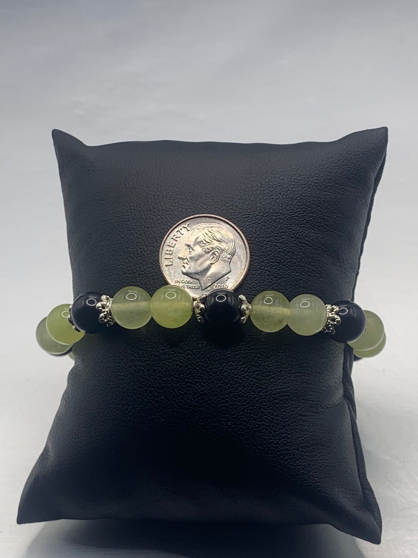 Black obsidian with apple agate semi precious stone/crystal beaded elastic bracelet with silver plated flower bead caps