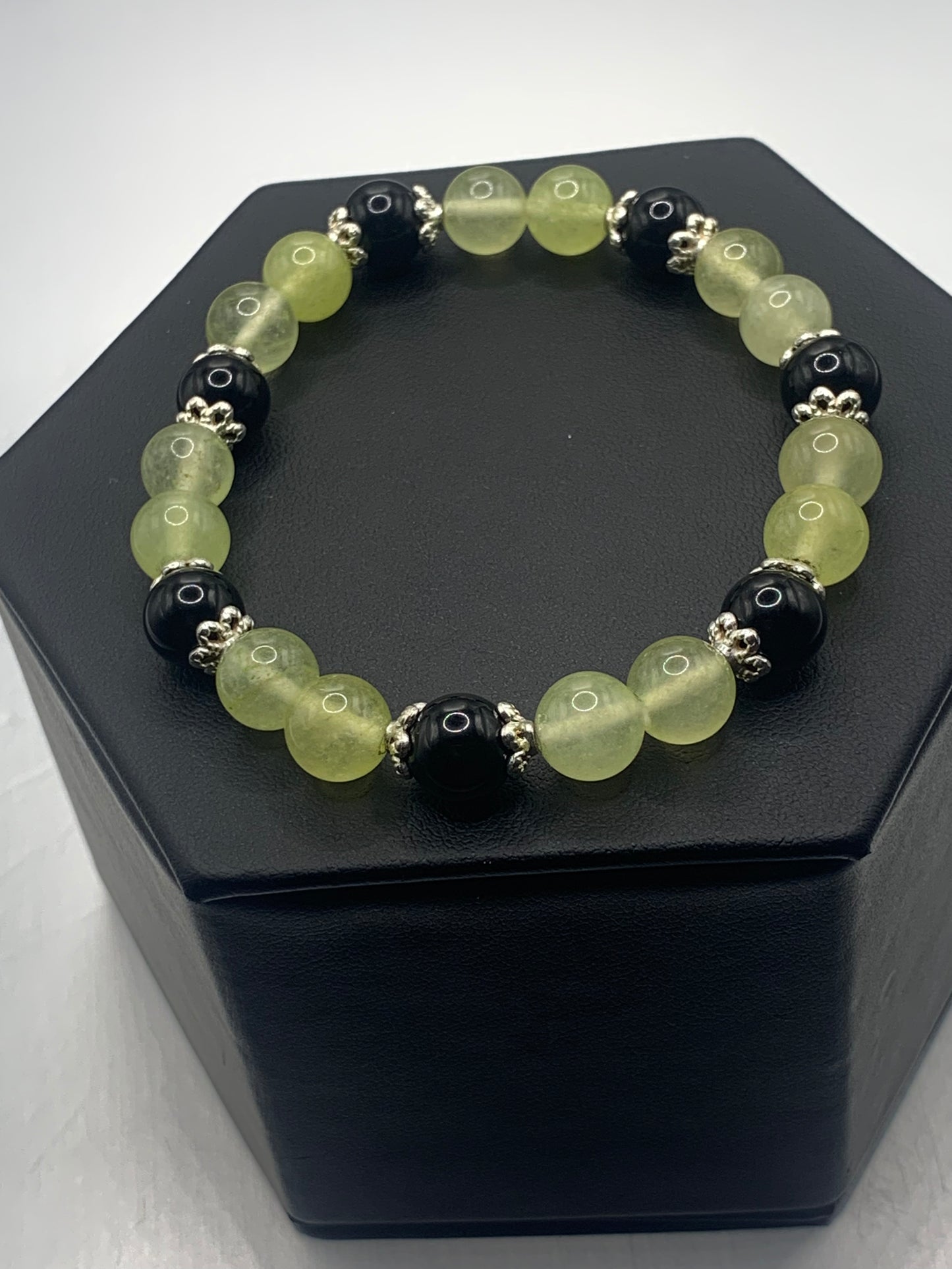 Black obsidian with apple agate semi precious stone/crystal beaded elastic bracelet with silver plated flower bead caps