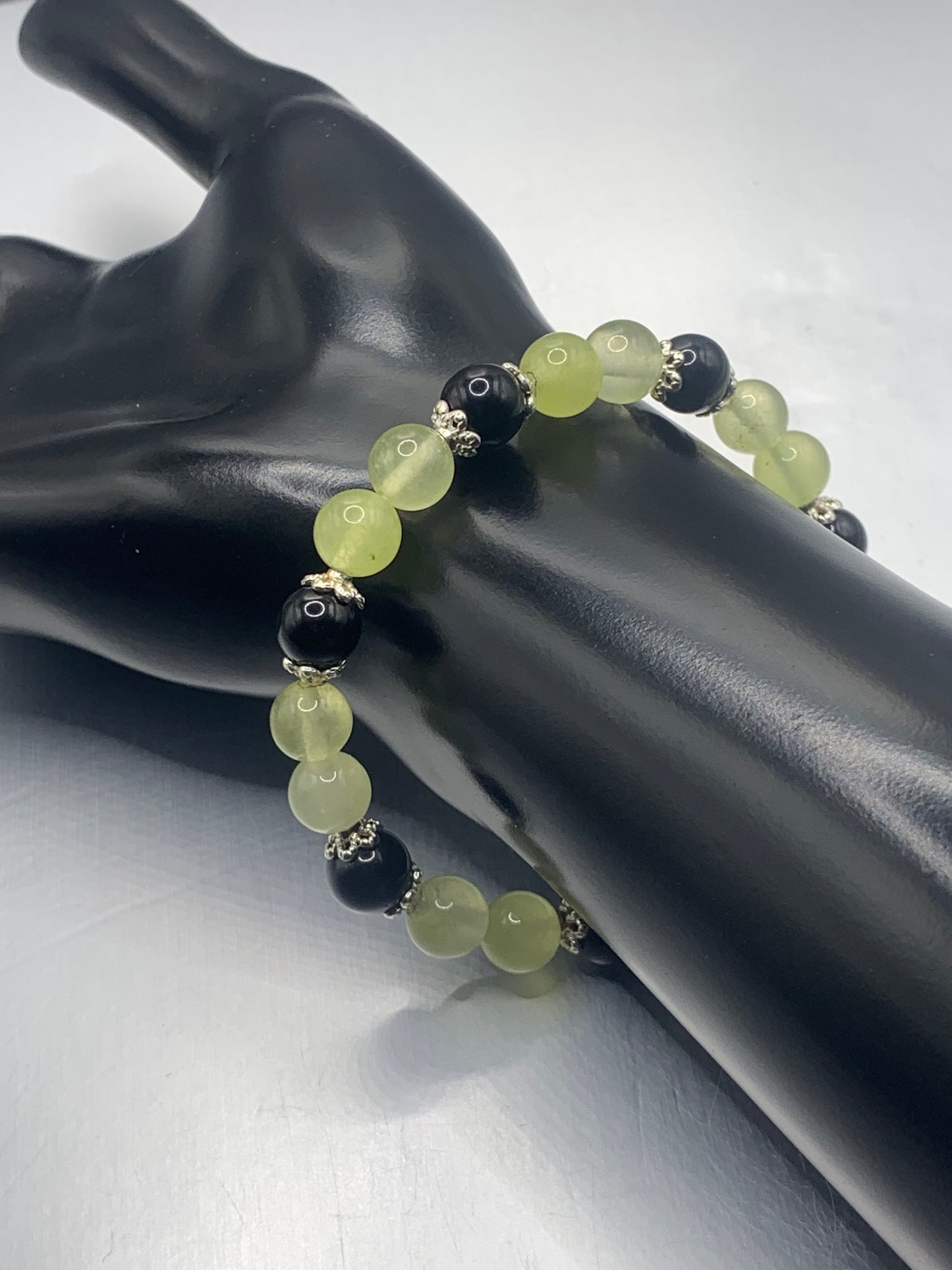Black obsidian with apple agate semi precious stone/crystal beaded elastic bracelet with silver plated flower bead caps