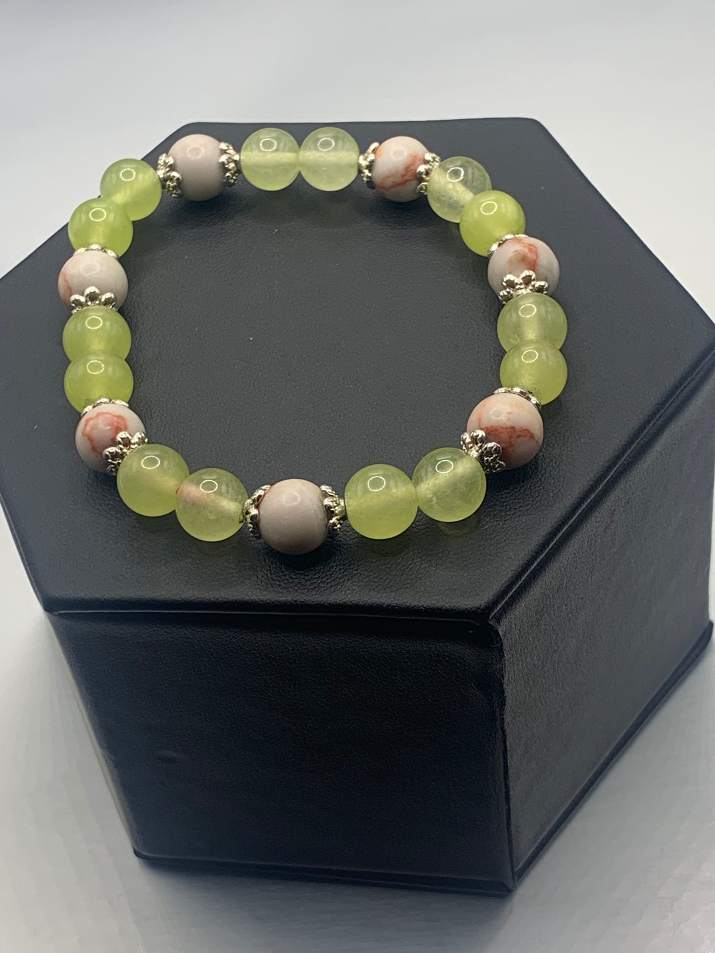 Red vein jasper and apple agate semi precious stone/crystal elastic beaded bracelet with silver plated flower bead caps