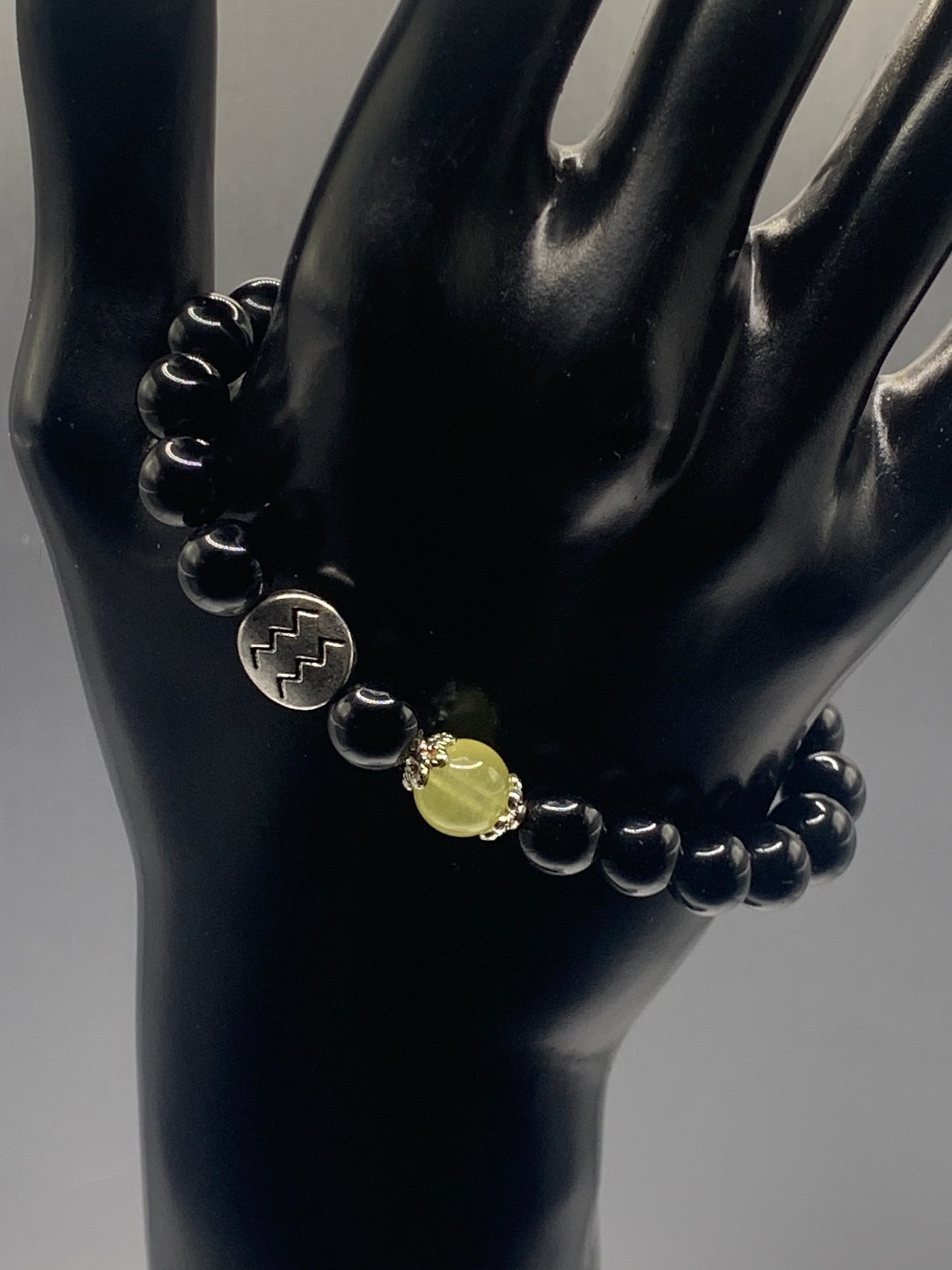 Aquarius Zodiac black obsidian with apple agate semi precious stone/crystal elastic beaded bracelet with silver accents