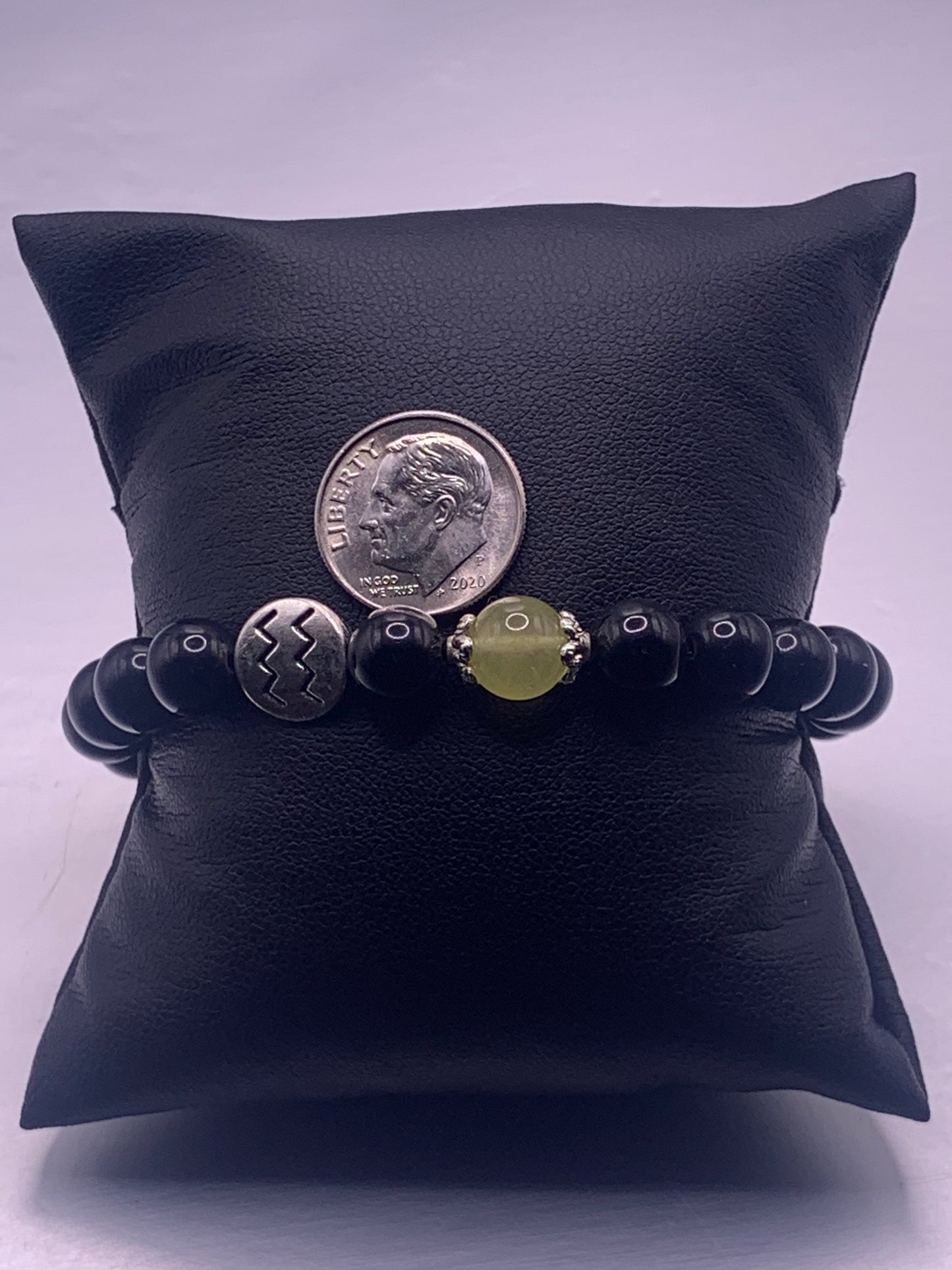 Aquarius Zodiac black obsidian with apple agate semi precious stone/crystal elastic beaded bracelet with silver accents