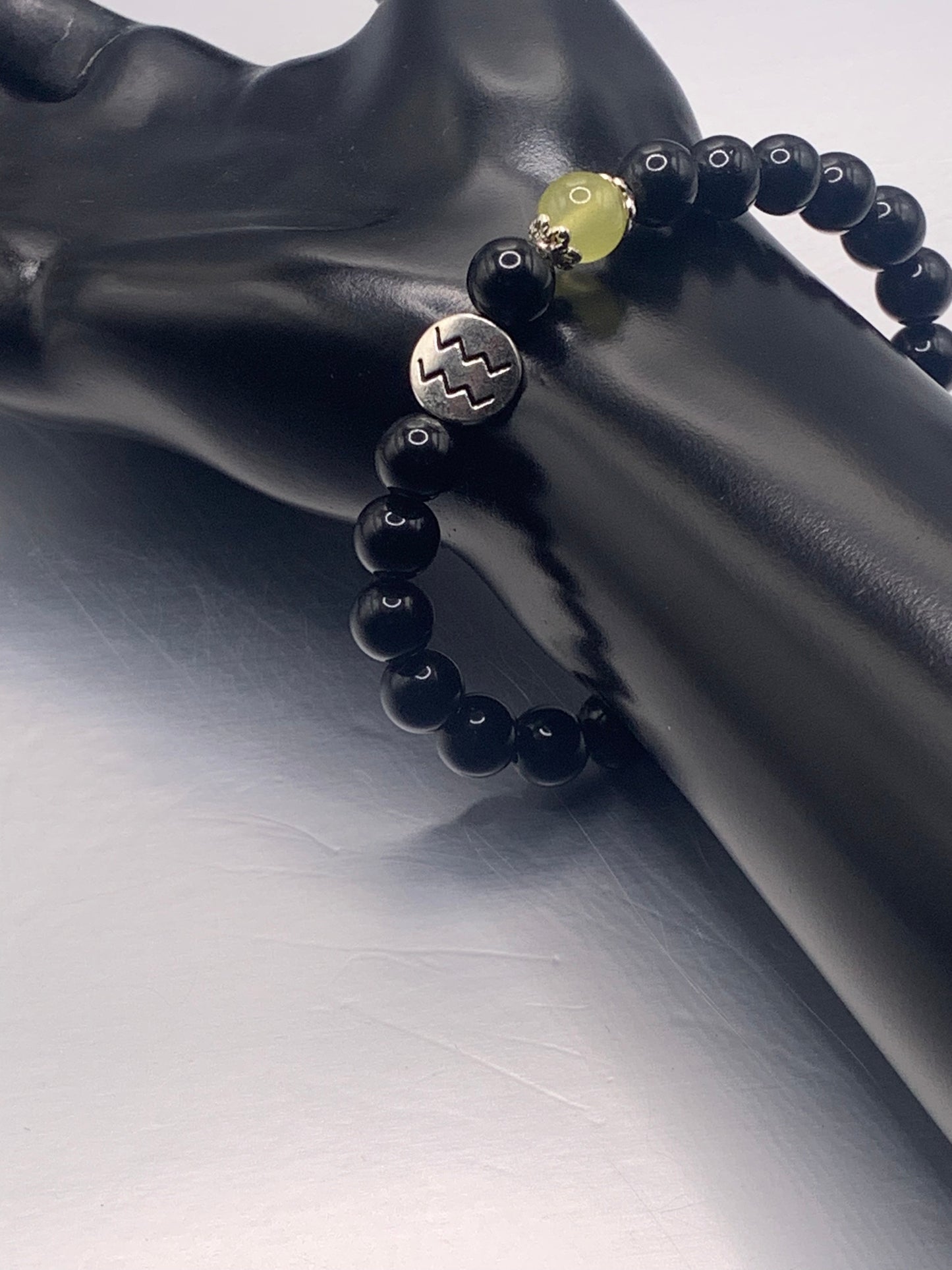 Aquarius Zodiac black obsidian with apple agate semi precious stone/crystal elastic beaded bracelet with silver accents