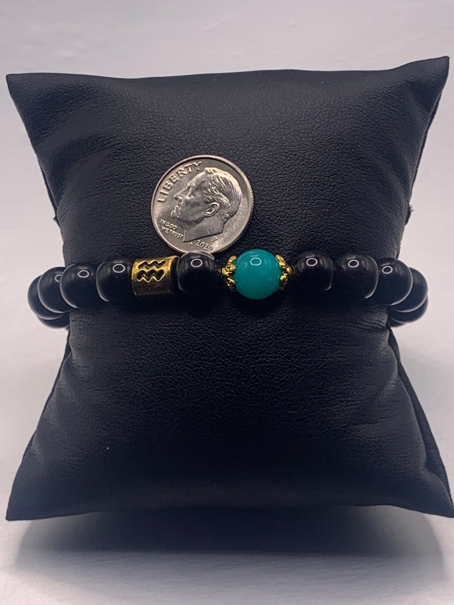 Aquarius Zodiac black obsidian with aquamarine chalcedony semi precious stone/crystal elastic beaded bracelet with gold accents
