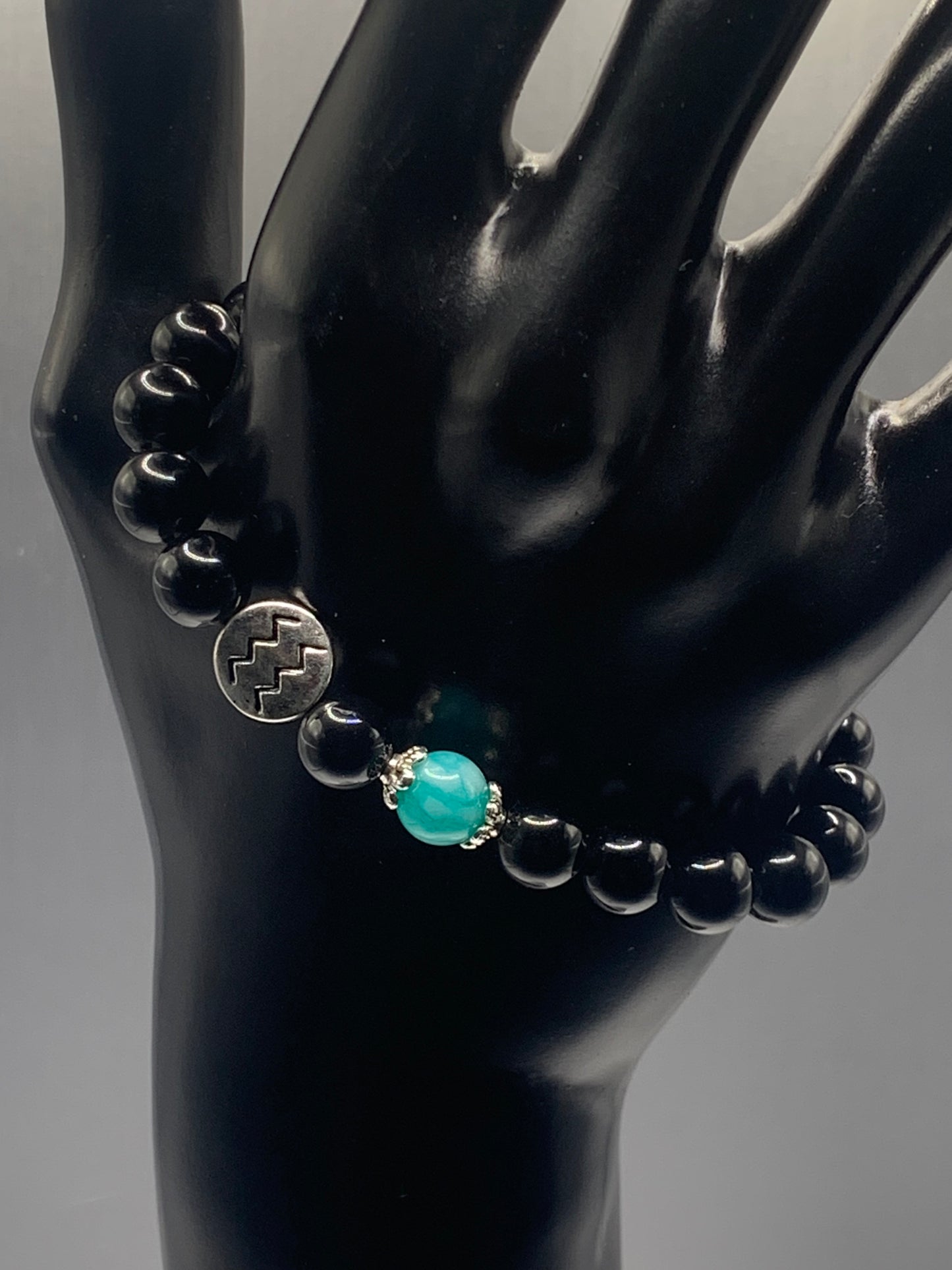 Aquarius Zodiac black obisidian with aquamarine chalcedony semi precious stone/crystal elastic beaded bracelet with silver accents