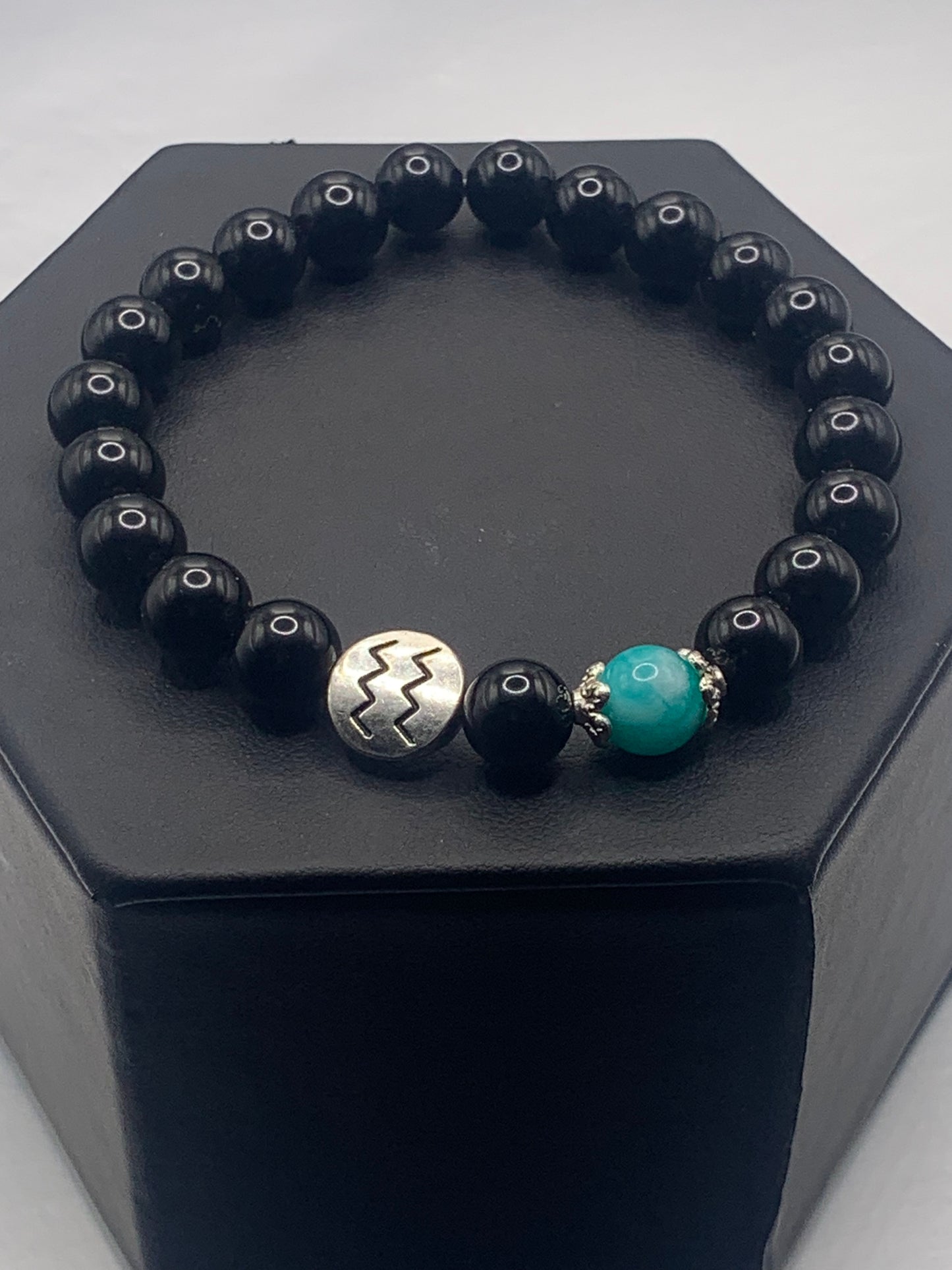 Aquarius Zodiac black obisidian with aquamarine chalcedony semi precious stone/crystal elastic beaded bracelet with silver accents