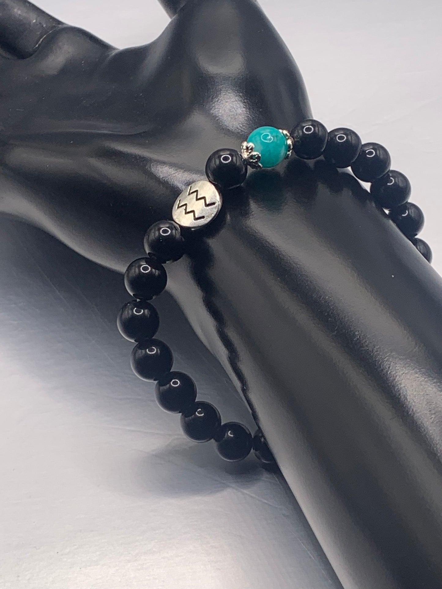 Aquarius Zodiac black obisidian with aquamarine chalcedony semi precious stone/crystal elastic beaded bracelet with silver accents