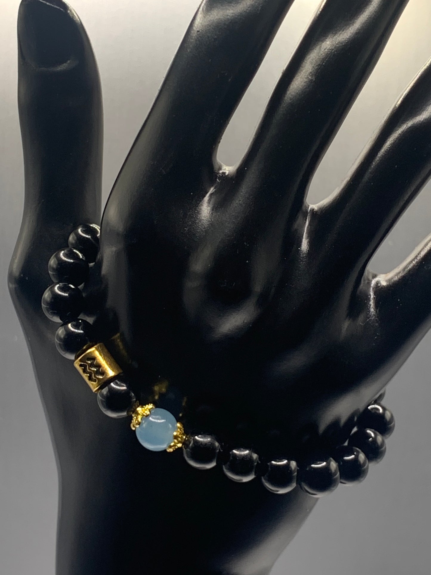 Aquarius Zodiac black obsidian with blue agate semi precious stone/crystal elastic beaded bracelet with gold accents