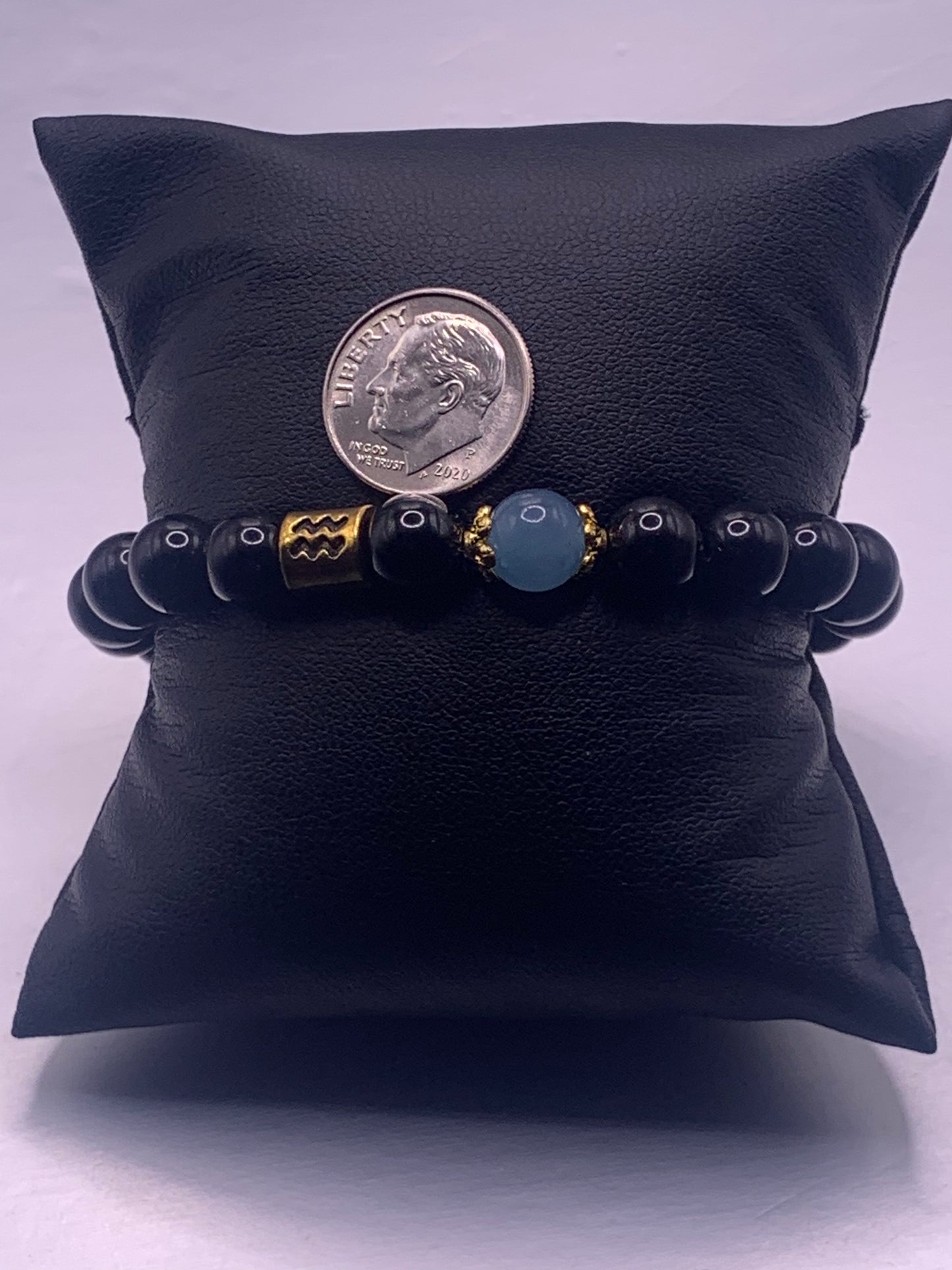 Aquarius Zodiac black obsidian with blue agate semi precious stone/crystal elastic beaded bracelet with gold accents