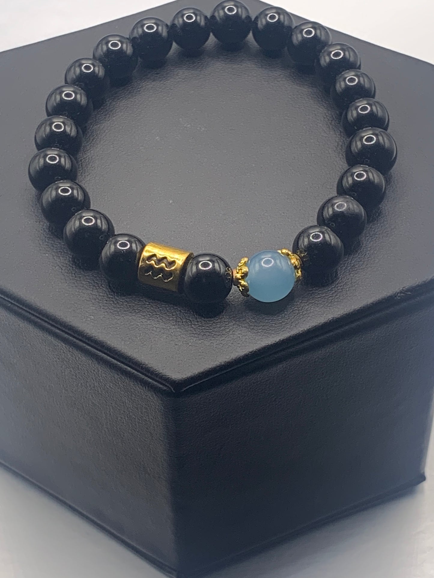 Aquarius Zodiac black obsidian with blue agate semi precious stone/crystal elastic beaded bracelet with gold accents