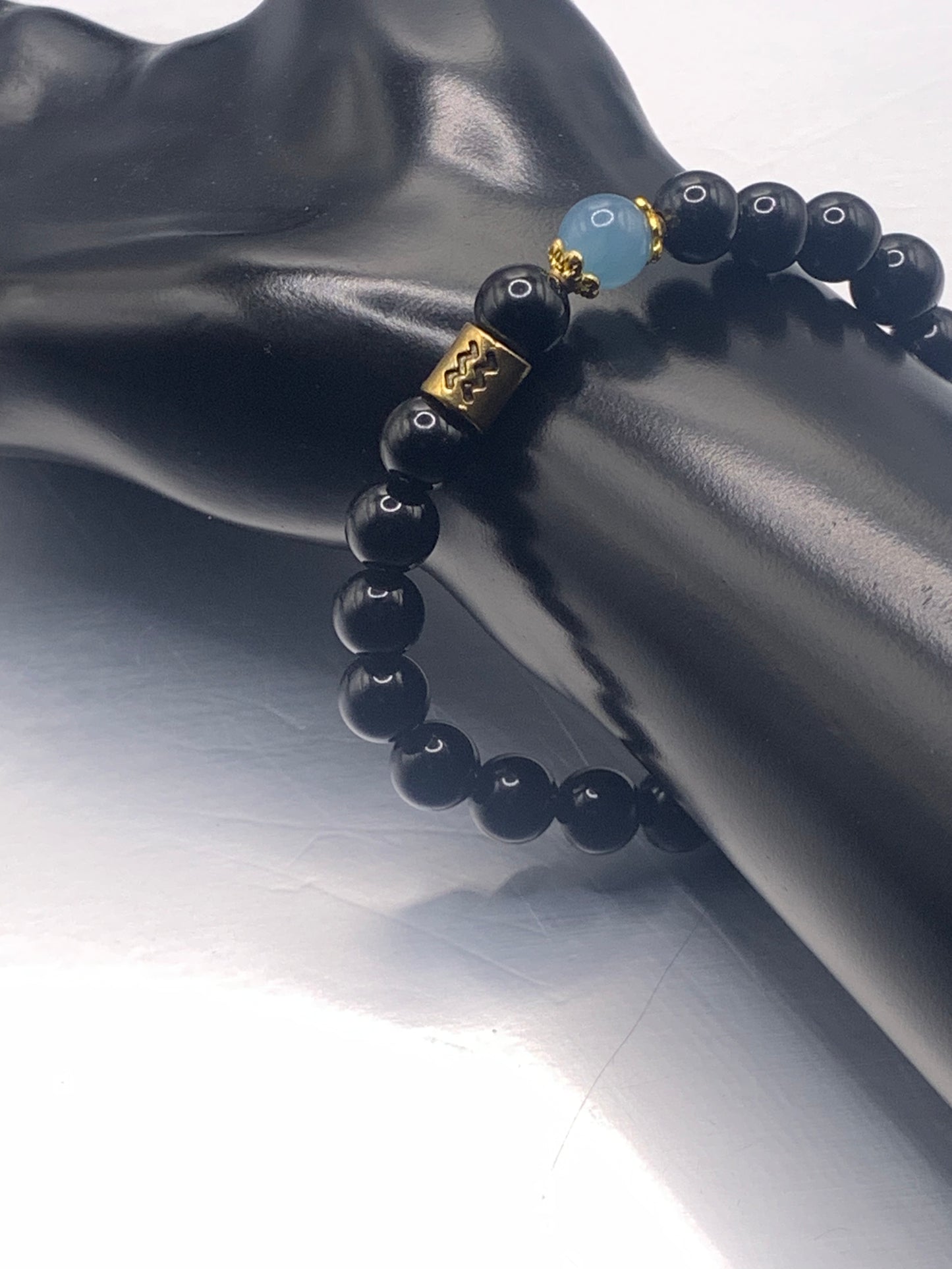 Aquarius Zodiac black obsidian with blue agate semi precious stone/crystal elastic beaded bracelet with gold accents