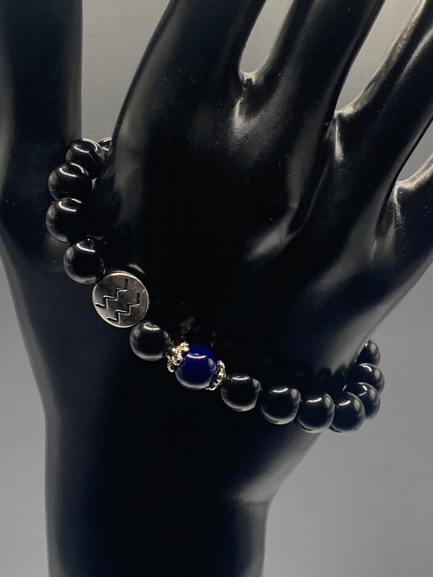 Aquarius Zodiac black obsidian with blue lace agate semi precious stone/crystal elastic beaded bracelet with silver accents