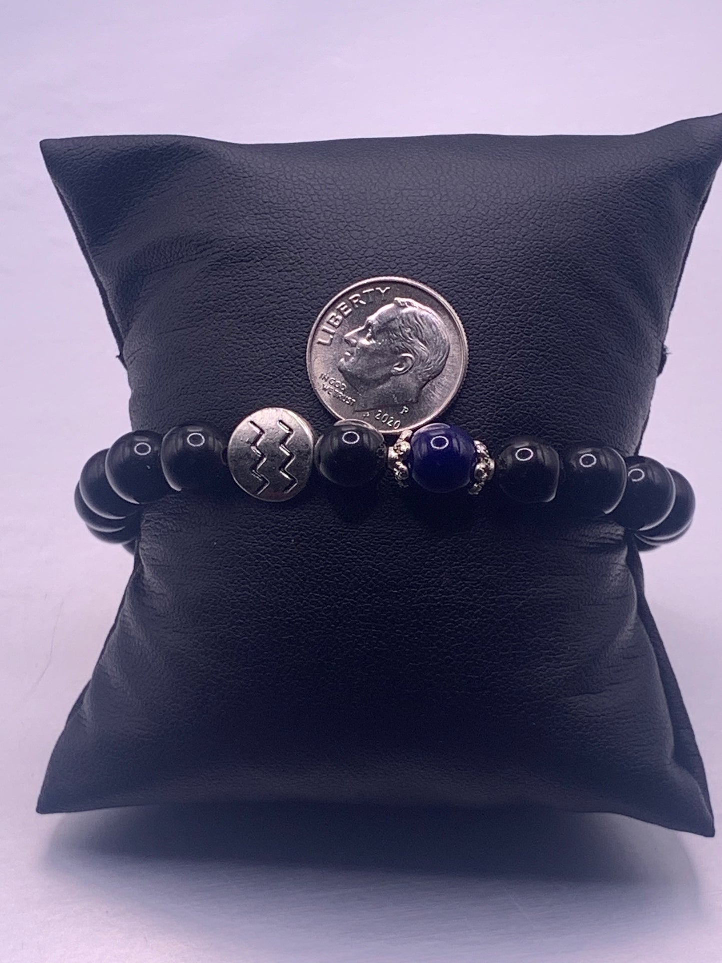 Aquarius Zodiac black obsidian with blue lace agate semi precious stone/crystal elastic beaded bracelet with silver accents