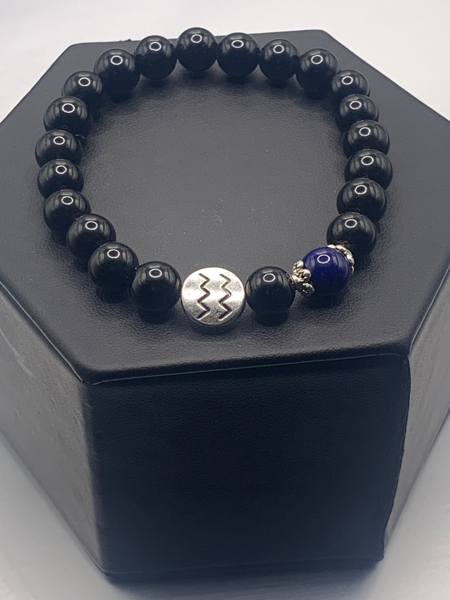 Aquarius Zodiac black obsidian with blue lace agate semi precious stone/crystal elastic beaded bracelet with silver accents