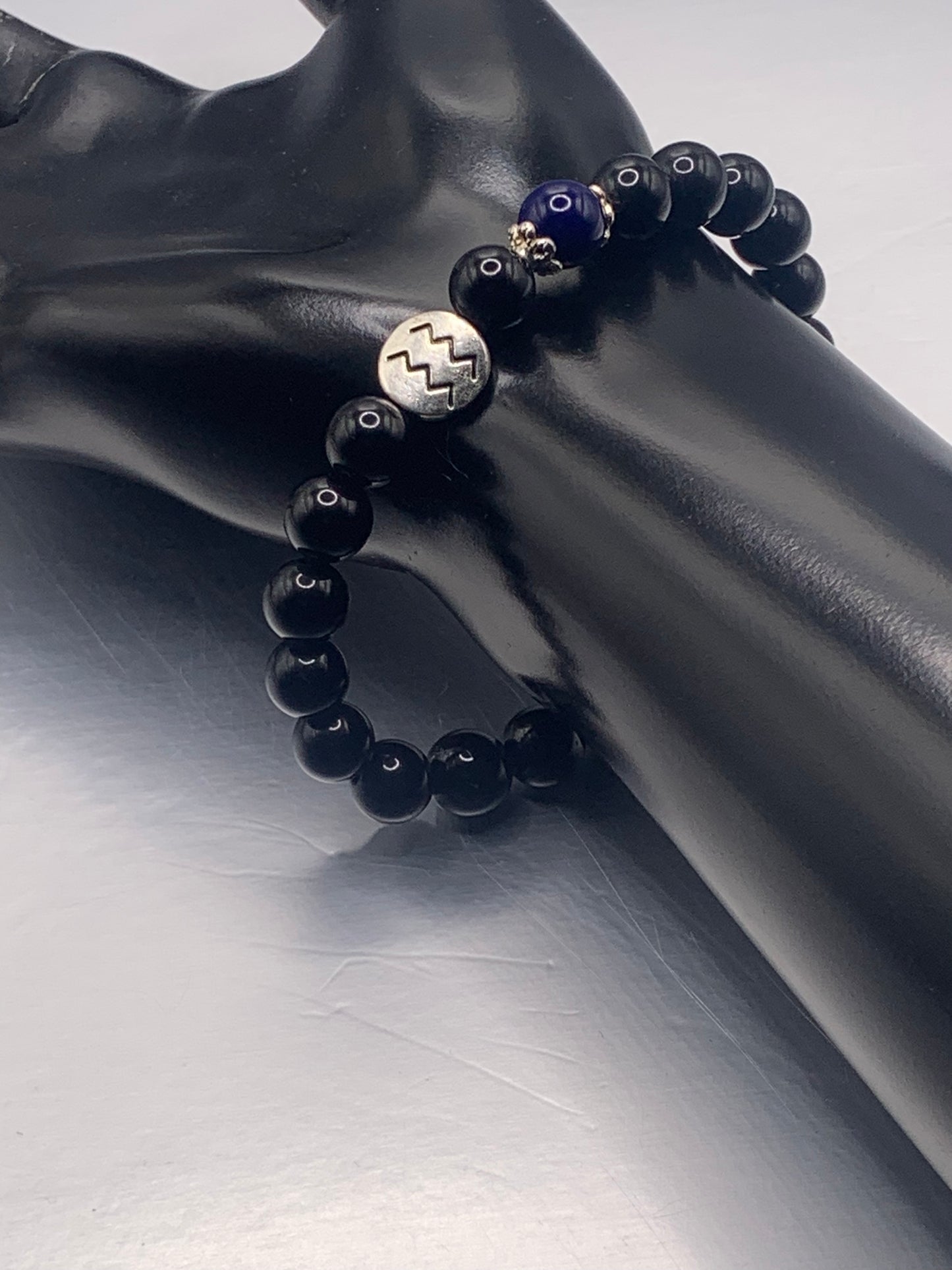 Aquarius Zodiac black obsidian with blue lace agate semi precious stone/crystal elastic beaded bracelet with silver accents