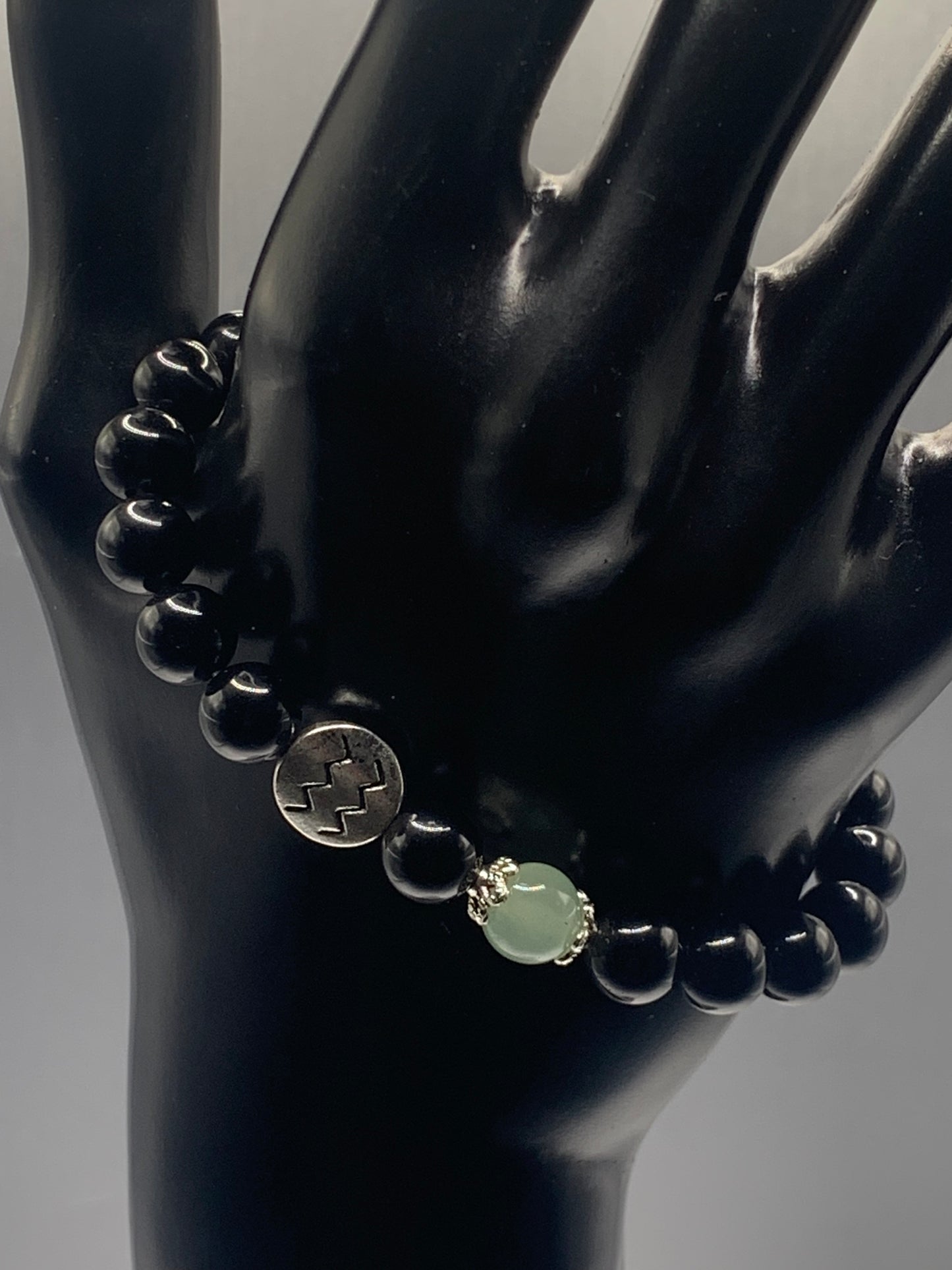 Aquarius Zodiac black obsidian with green aventurine semi precious stone/crystal elastic beaded bracelet with silver accents