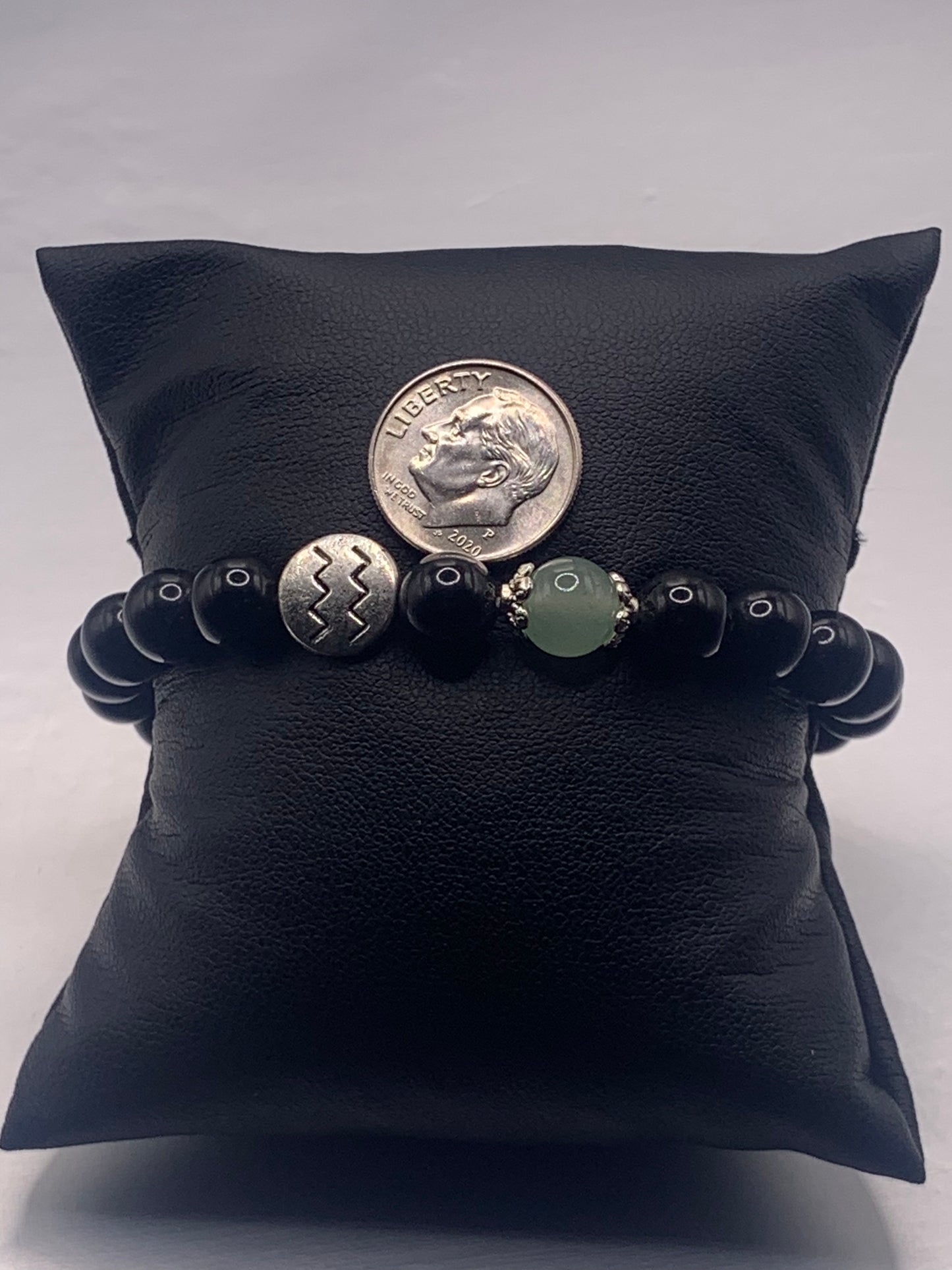 Aquarius Zodiac black obsidian with green aventurine semi precious stone/crystal elastic beaded bracelet with silver accents