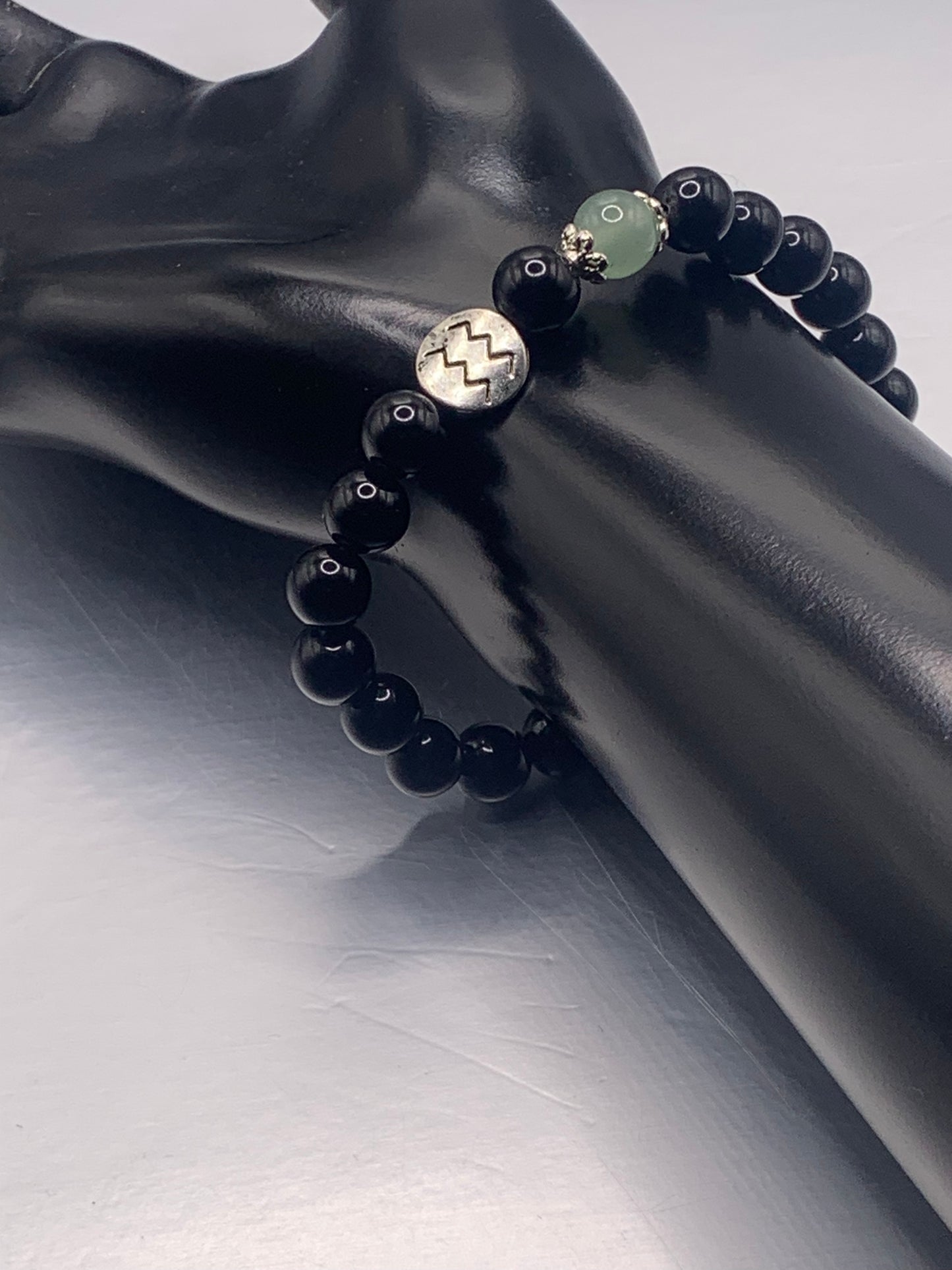 Aquarius Zodiac black obsidian with green aventurine semi precious stone/crystal elastic beaded bracelet with silver accents