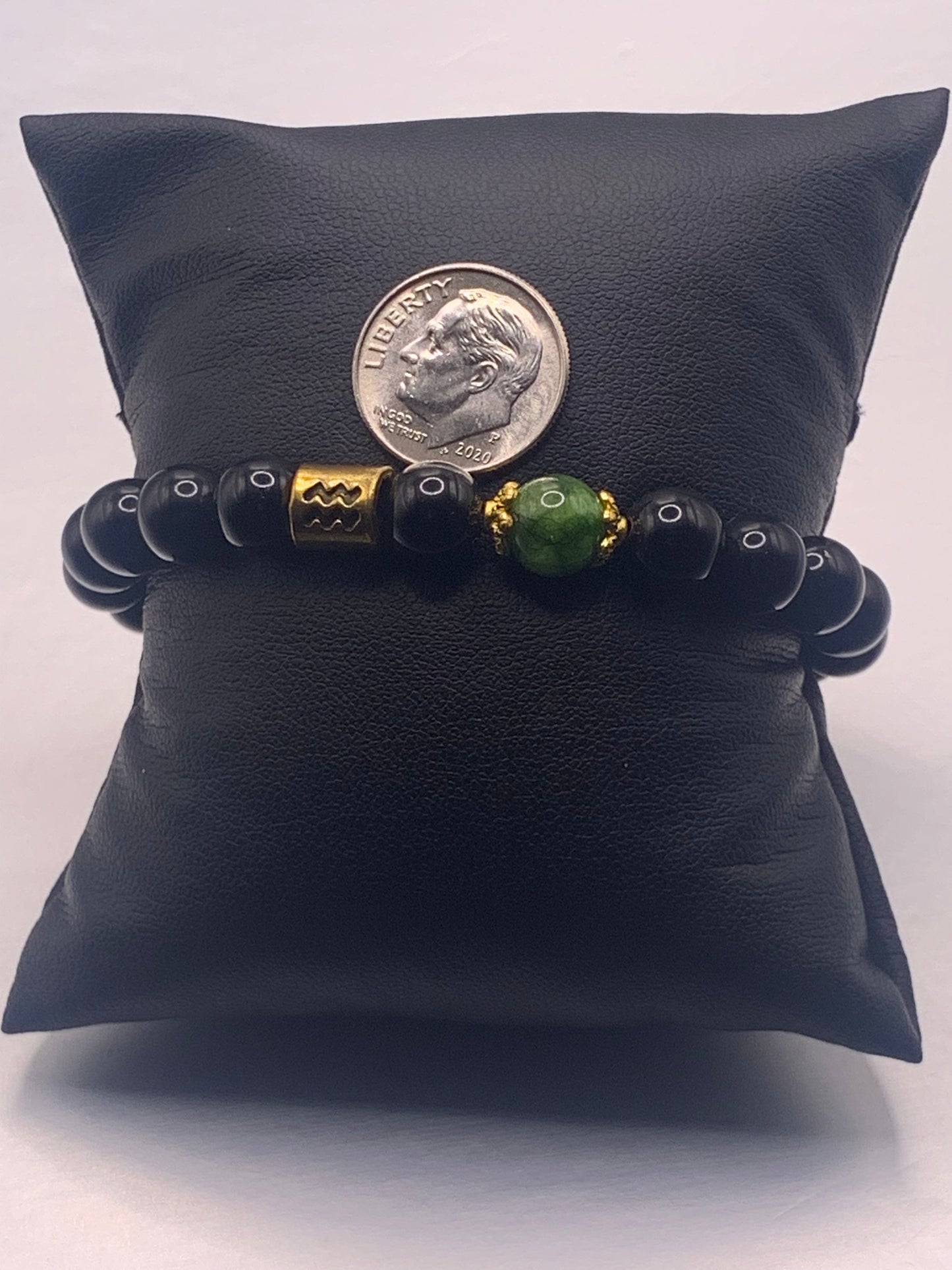 Aquarius Zodiac black obsidian with green tourmaline semi precious stone/crystal elastic beaded bracelet with gold accents