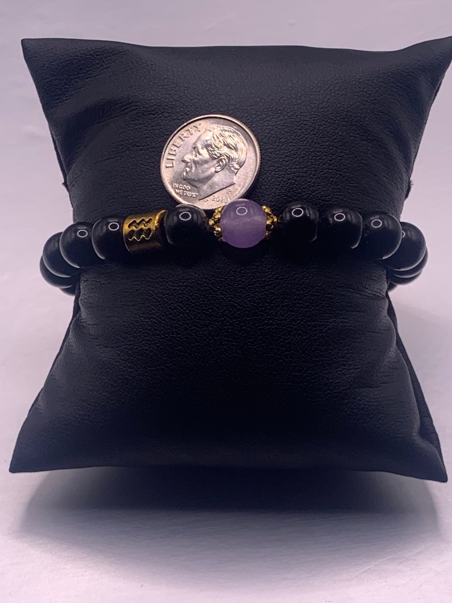Aquarius Zodiac black obsidian with lavender agate semi precious stone/crystal elastic beaded bracelet with gold accents